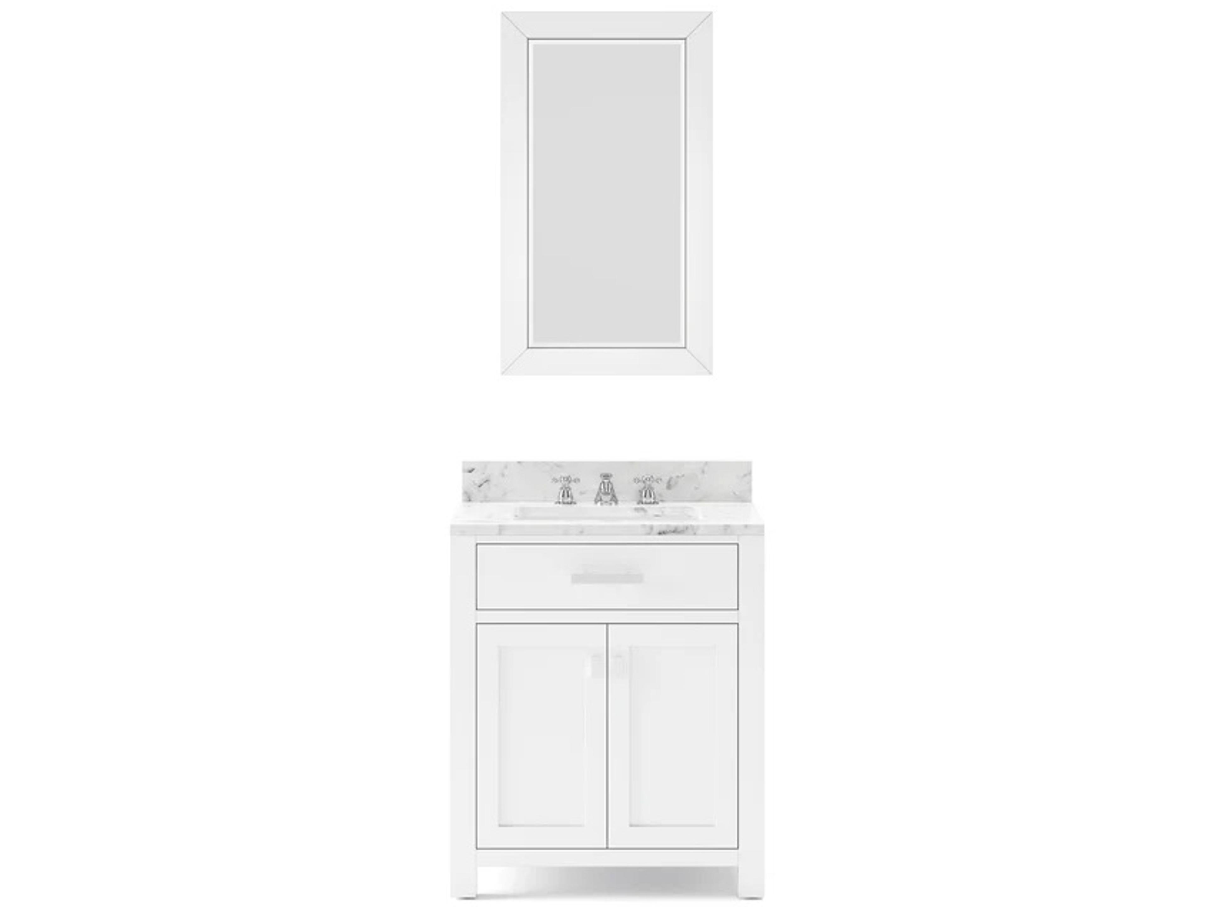 Madison Single Sink Carrara White Marble Countertop Bath Vanity in Pure White with Chrome Hardware, Classic Faucet and Rectangular Mirror (S)