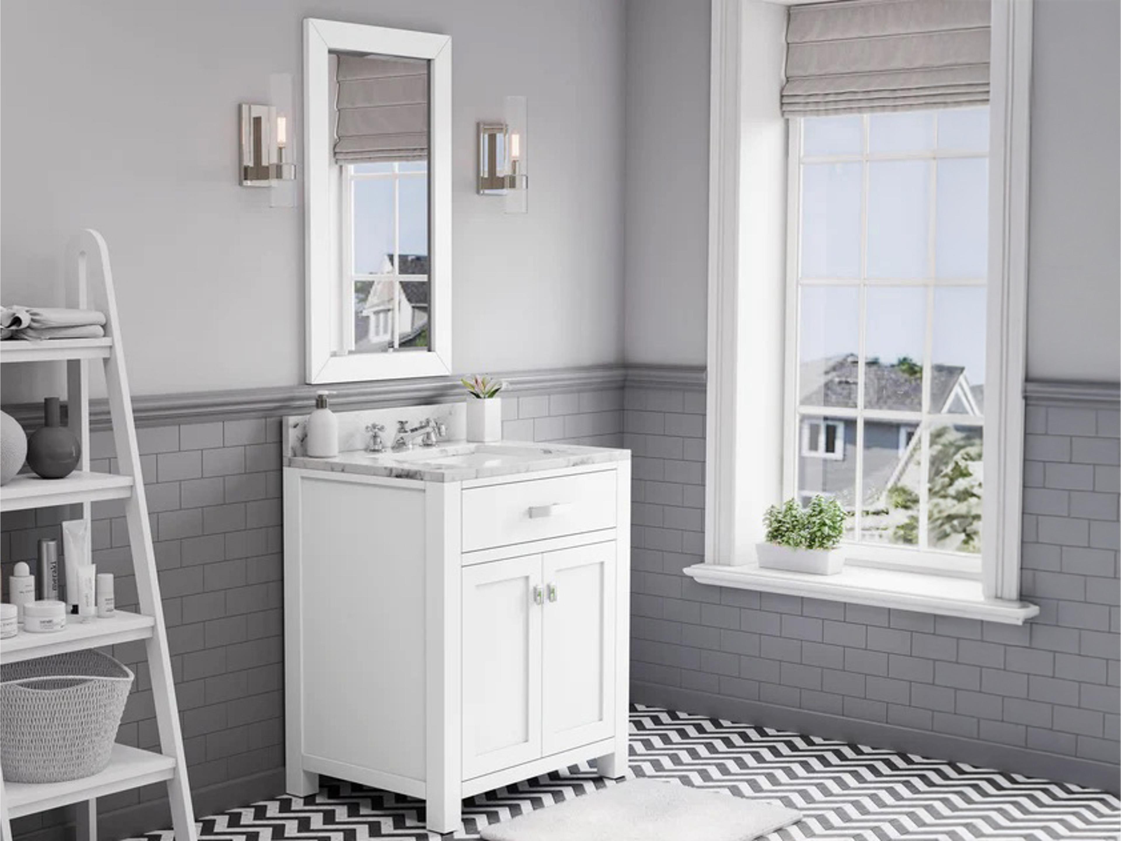 Water Creation Madison Single Sink Carrara White Marble Countertop Bath Vanity in Pure White with Chrome Hardware, Classic Faucet and Rectangular Mirror (S)