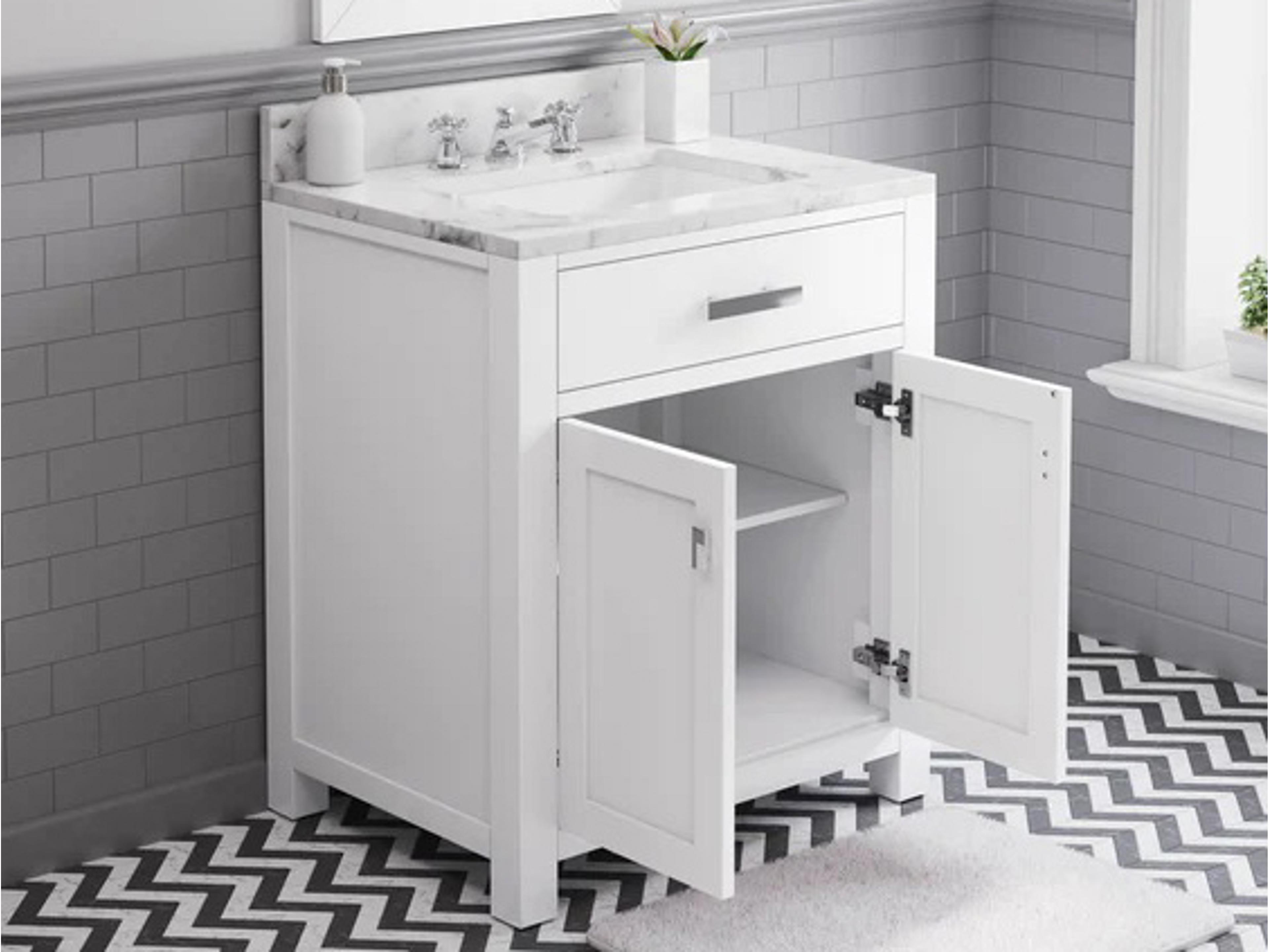 Water Creation Madison Single Sink Carrara White Marble Countertop Bath Vanity in Pure White with Chrome Hardware, Classic Faucet and Rectangular Mirror (S)