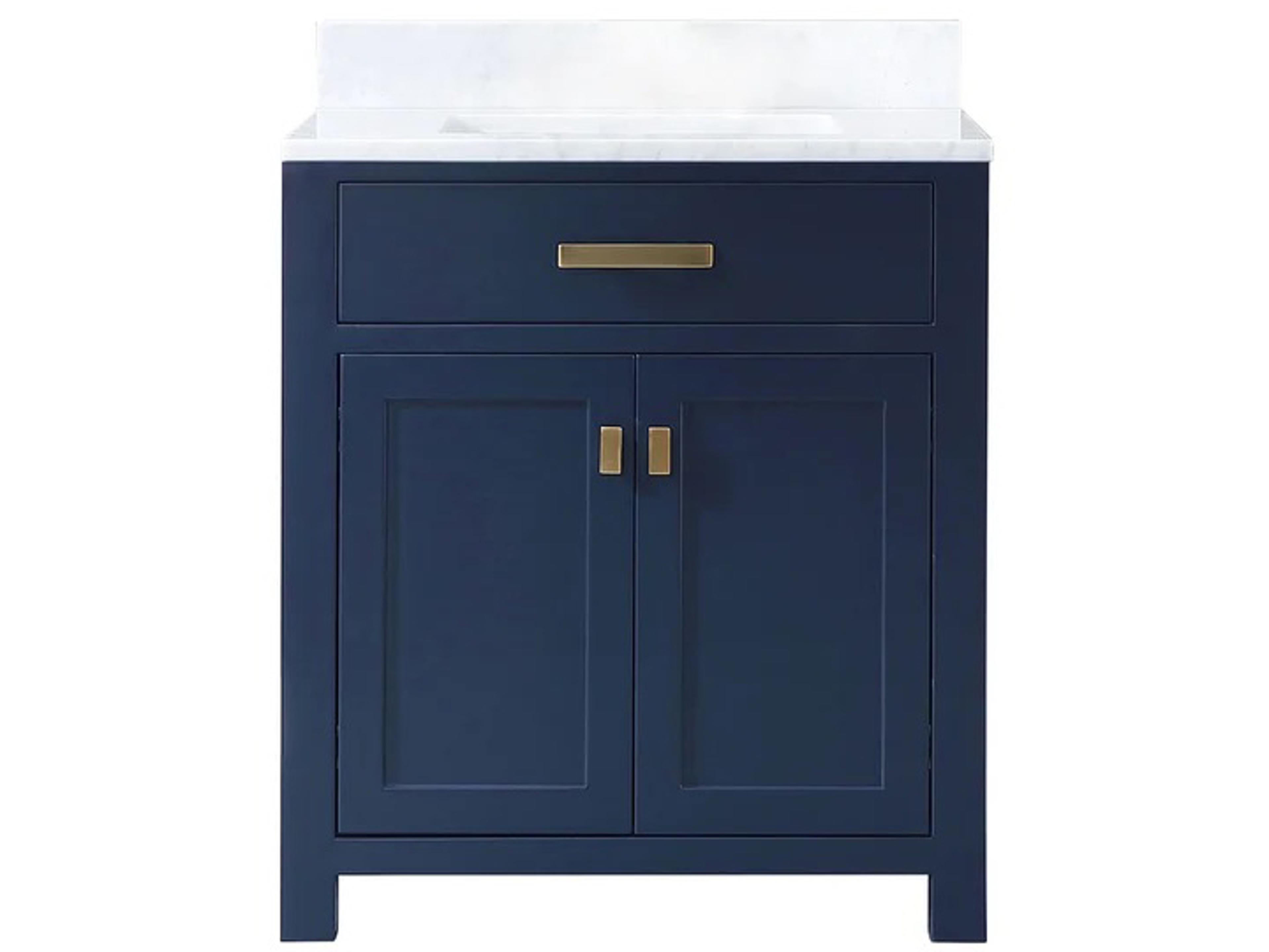 Madison Single Sink Carrara White Marble Countertop Bath Vanity In Monarch Blue with Satin Gold Hardware