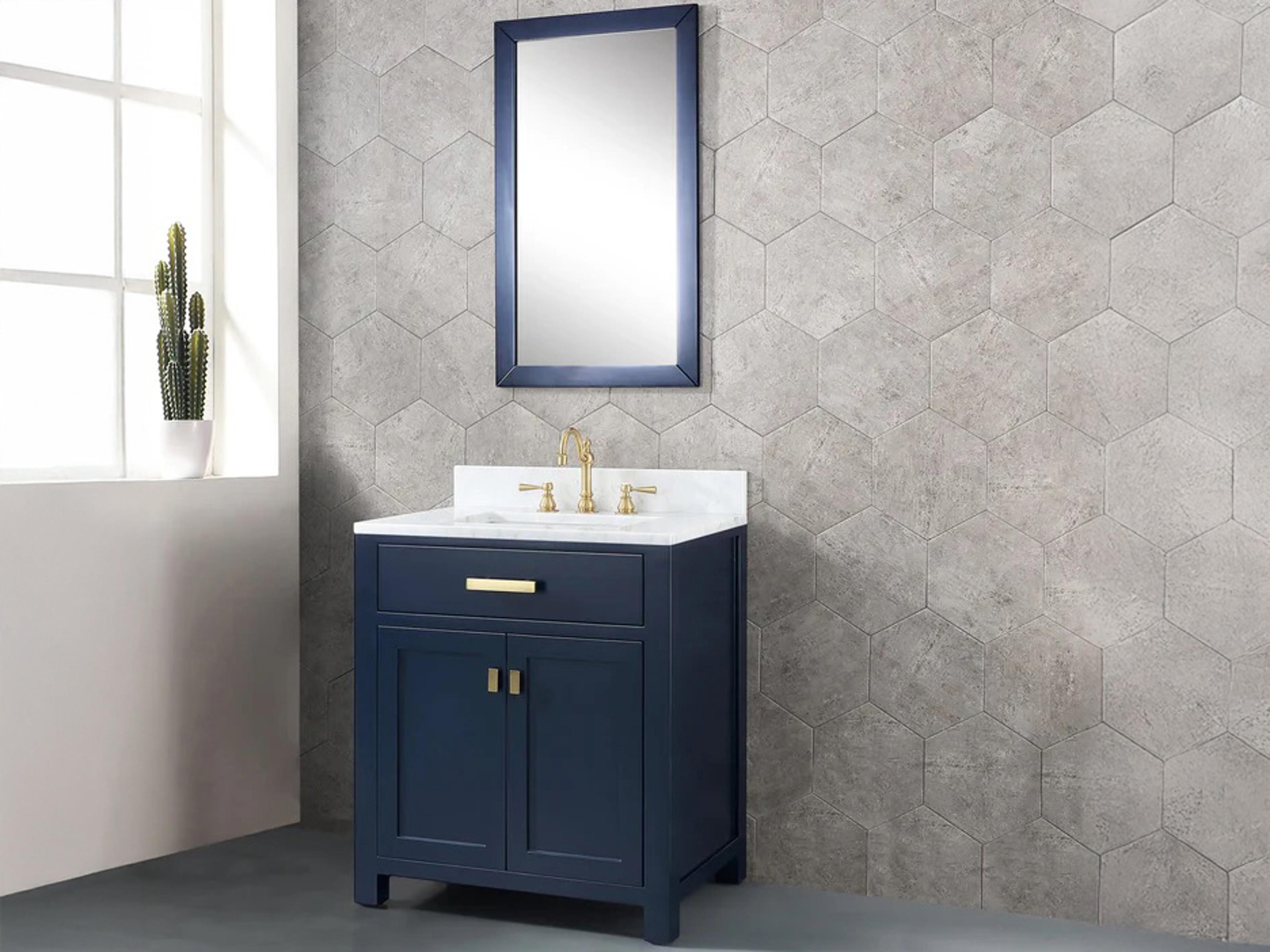 Water Creation Madison Single Sink Carrara White Marble Countertop Bath Vanity In Monarch Blue with Satin Gold Hardware