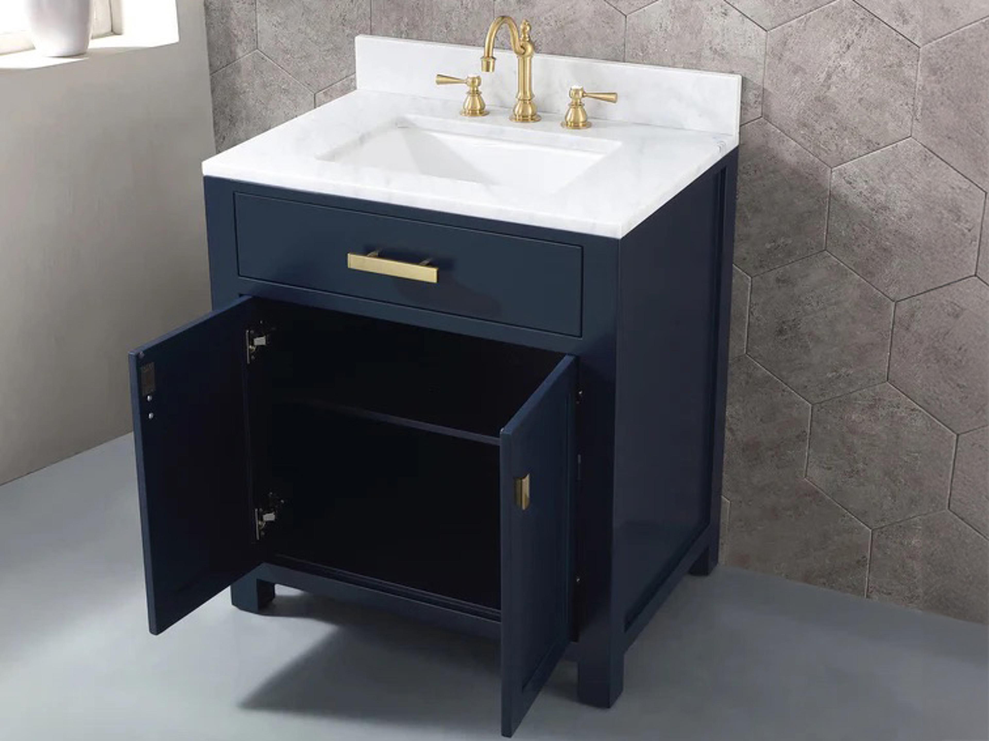 Water Creation Madison Single Sink Carrara White Marble Countertop Bath Vanity In Monarch Blue with Satin Gold Hardware