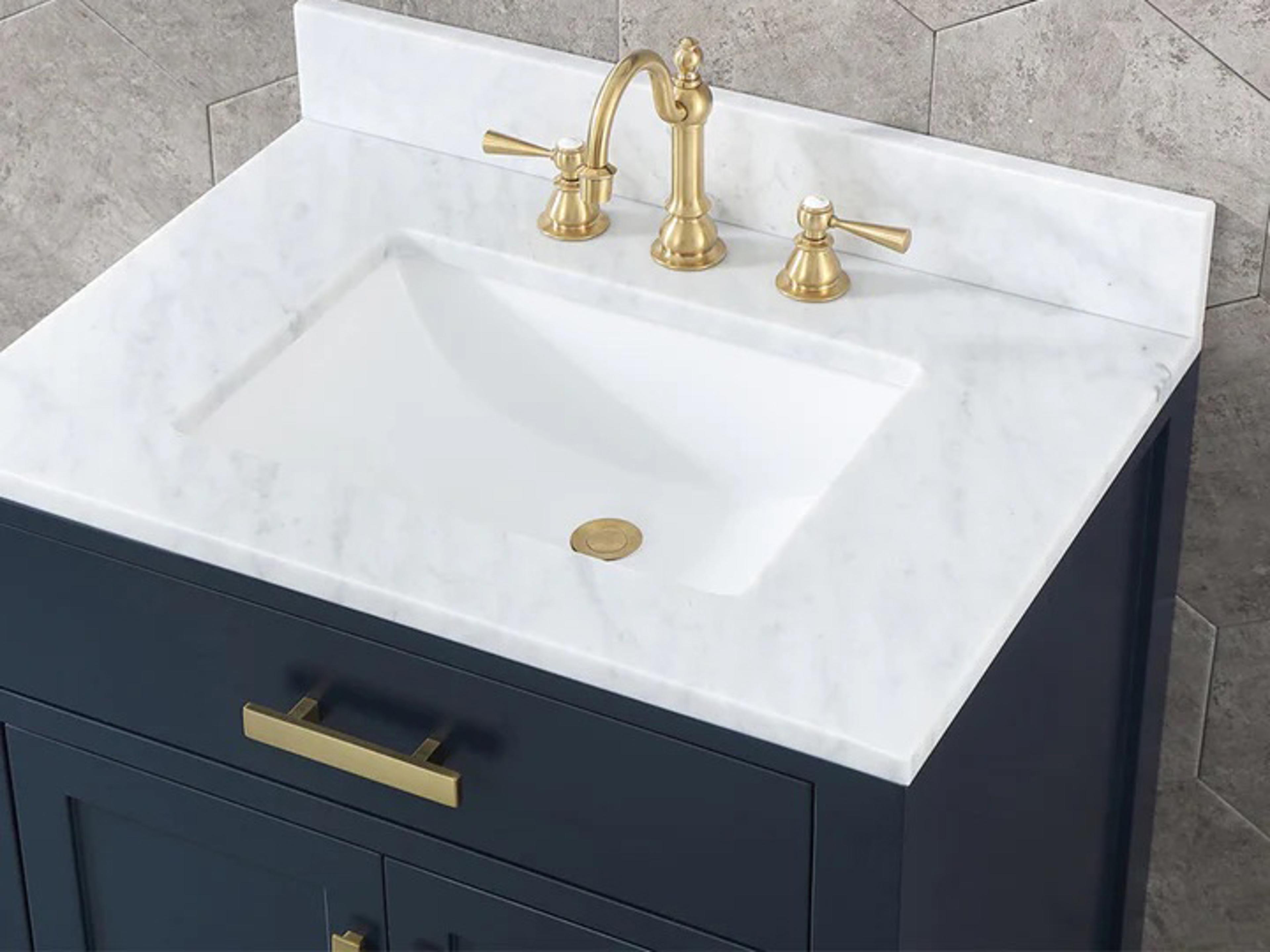 Water Creation Madison Single Sink Carrara White Marble Countertop Bath Vanity In Monarch Blue with Satin Gold Hardware