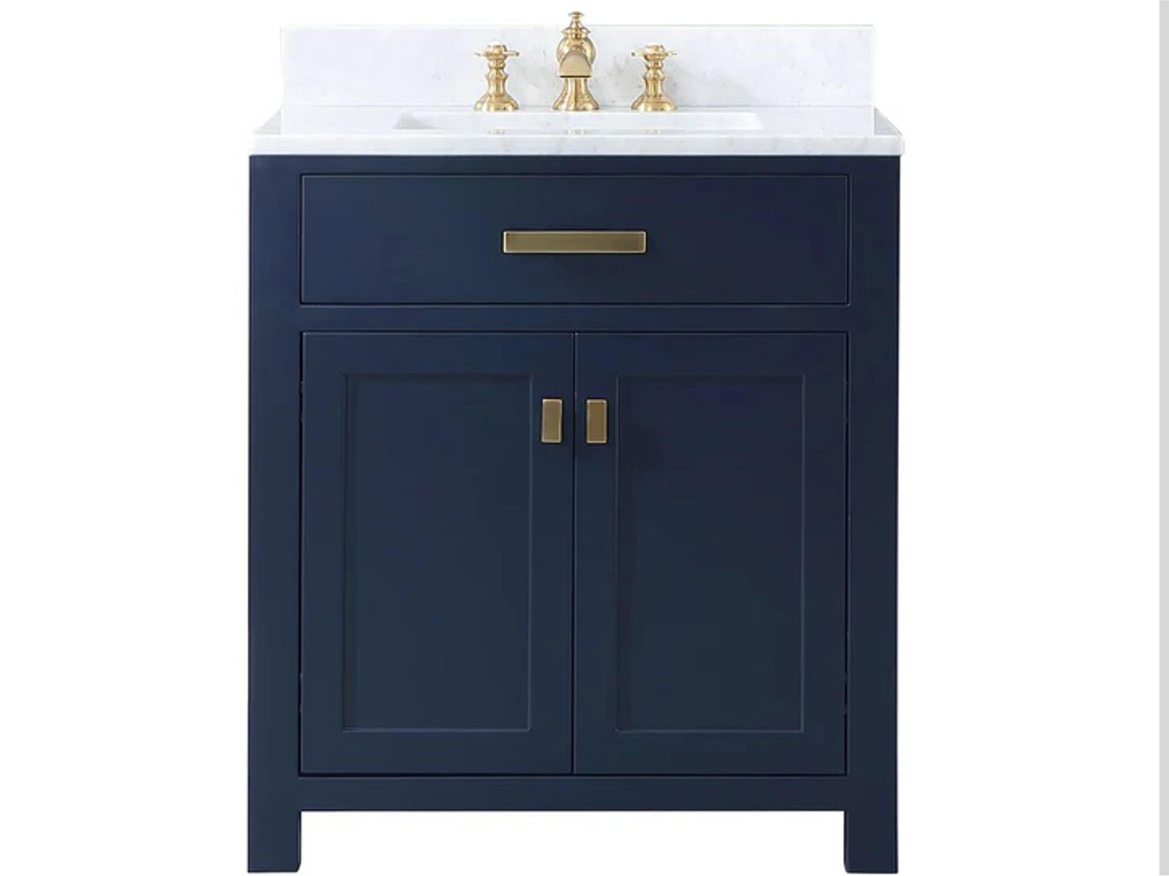 Madison Satin Single Sink Carrara White Marble Countertop Bath Vanity In Monarch Blue with Satin Gold Hardware and Waterfall Faucet
