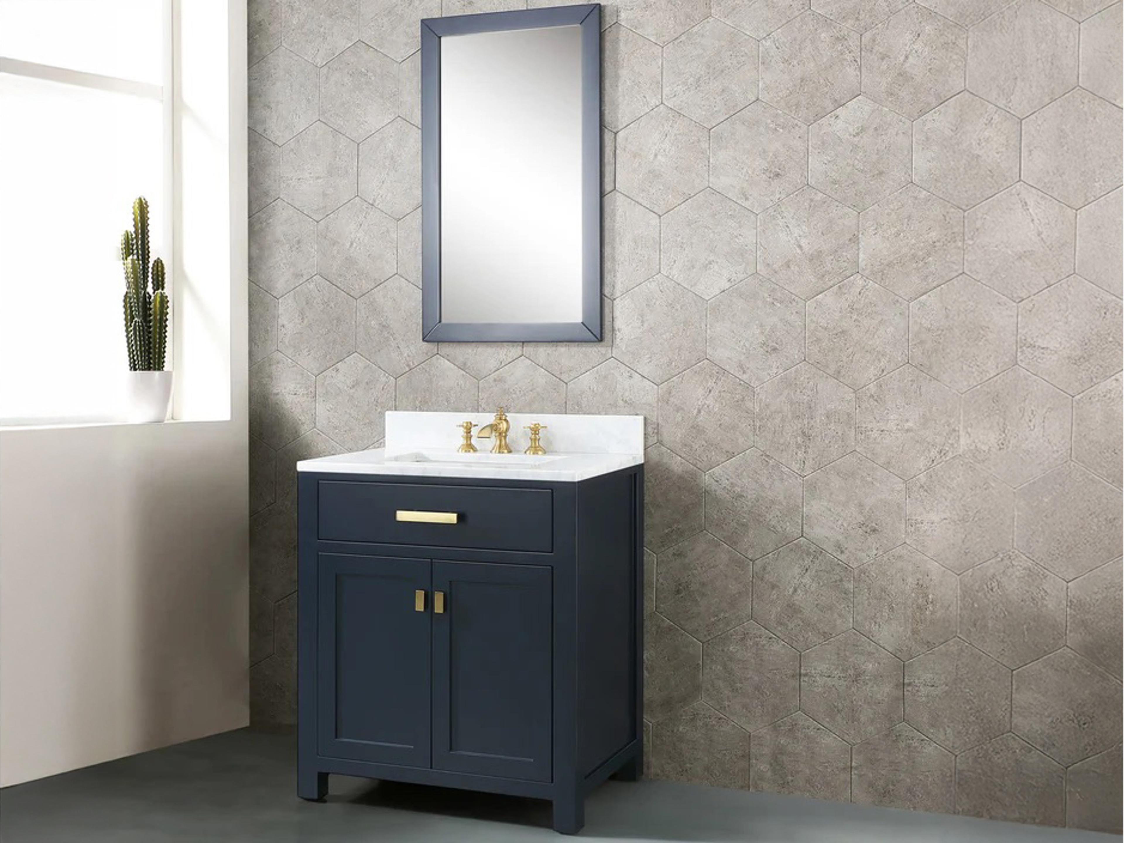 Water Creation Madison Satin Single Sink Carrara White Marble Countertop Bath Vanity In Monarch Blue with Satin Gold Hardware and Waterfall Faucet