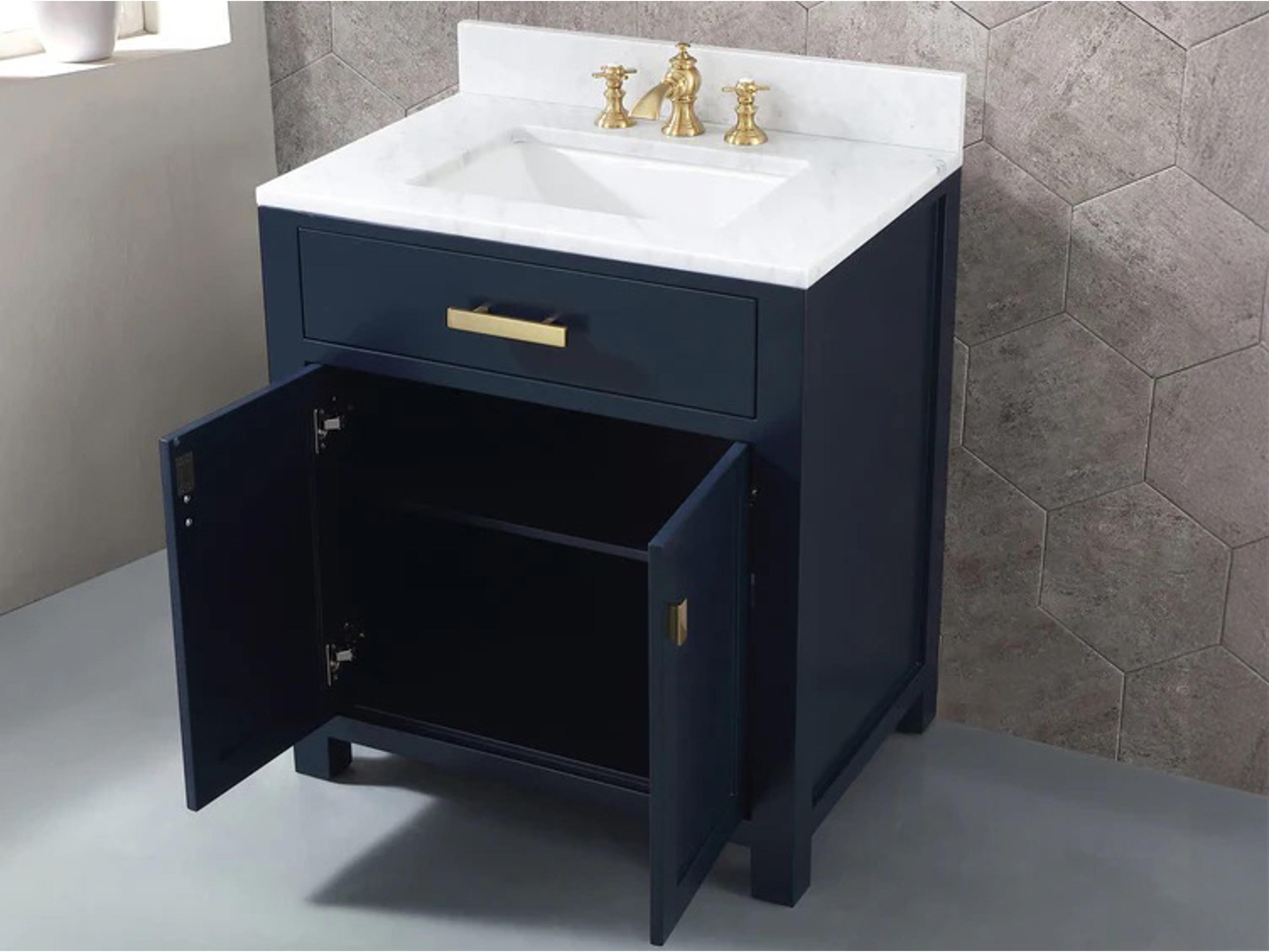 Water Creation Madison Satin Single Sink Carrara White Marble Countertop Bath Vanity In Monarch Blue with Satin Gold Hardware and Waterfall Faucet