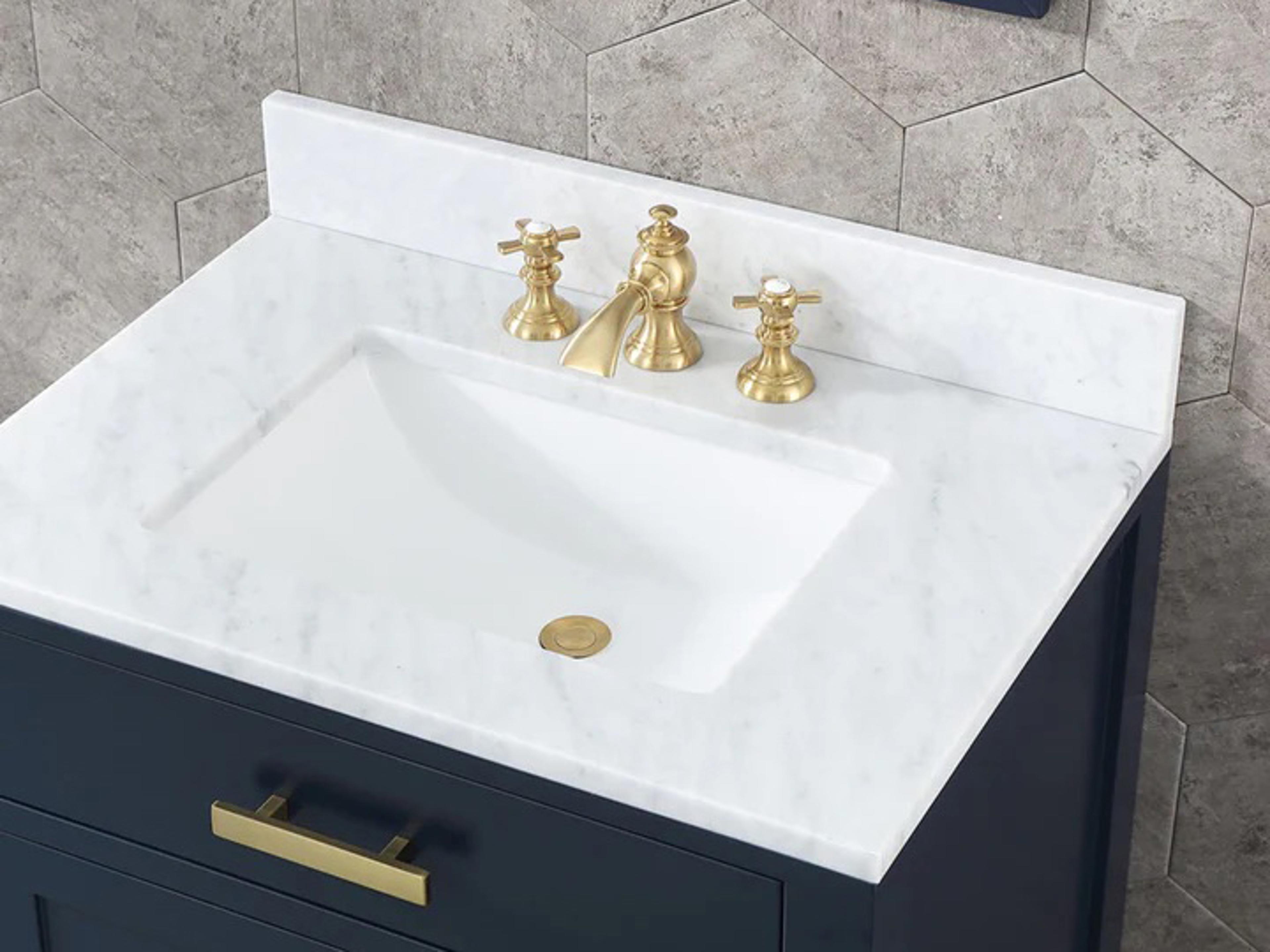 Water Creation Madison Satin Single Sink Carrara White Marble Countertop Bath Vanity In Monarch Blue with Satin Gold Hardware and Waterfall Faucet