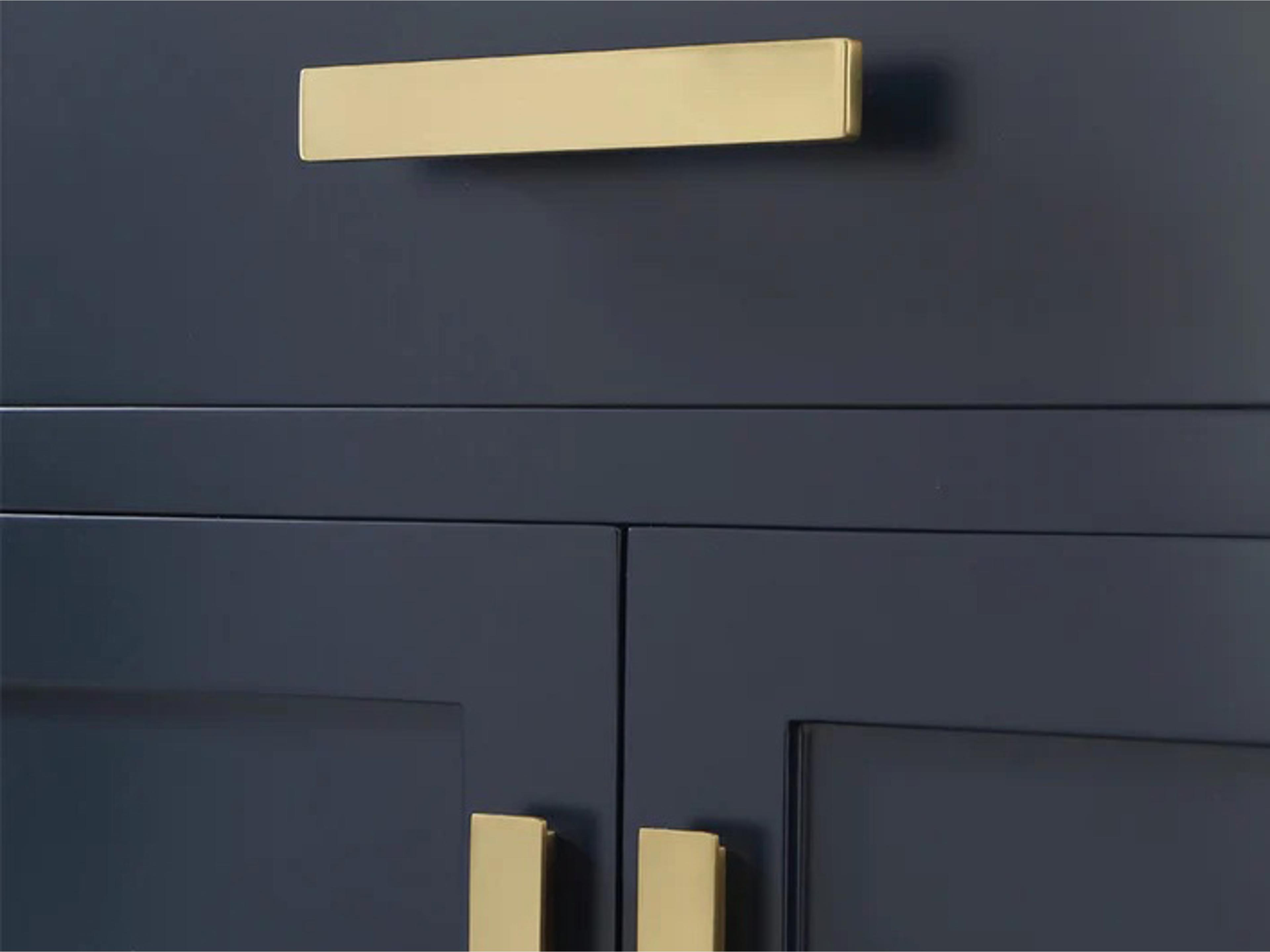 Water Creation Madison Satin Single Sink Carrara White Marble Countertop Bath Vanity In Monarch Blue with Satin Gold Hardware and Waterfall Faucet