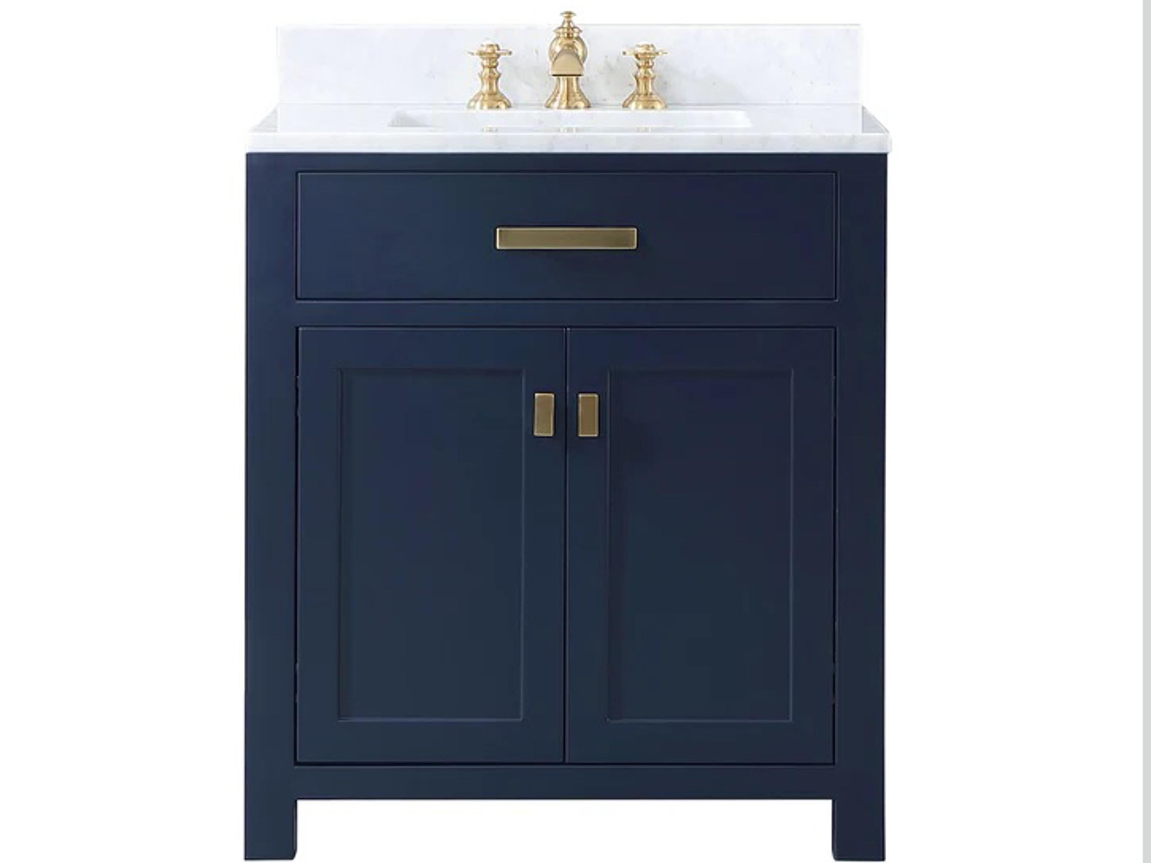 Water Creation Madison Single Sink Carrara White Marble Countertop Bath Vanity In Monarch Blue with Satin Gold Hardware and Hook Faucet