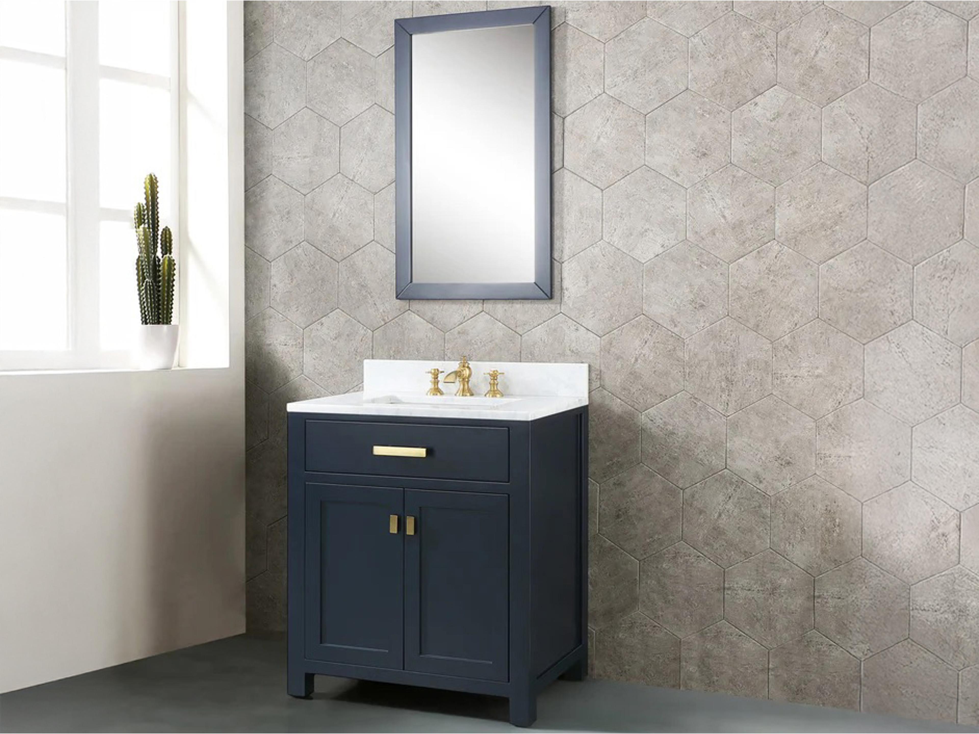 Water Creation Madison Single Sink Carrara White Marble Countertop Bath Vanity In Monarch Blue with Satin Gold Hardware and Hook Faucet