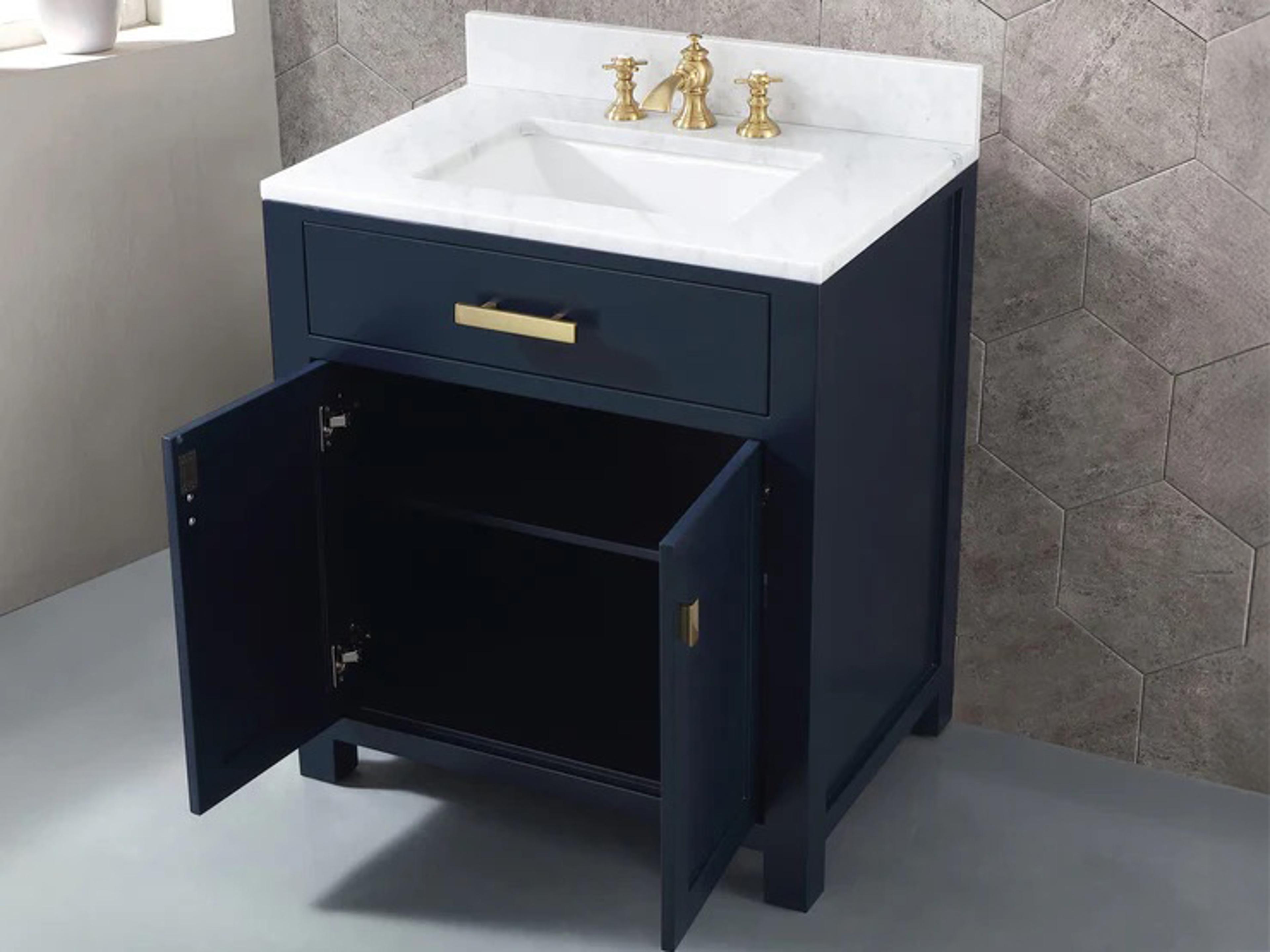 Water Creation Madison Single Sink Carrara White Marble Countertop Bath Vanity In Monarch Blue with Satin Gold Hardware and Hook Faucet