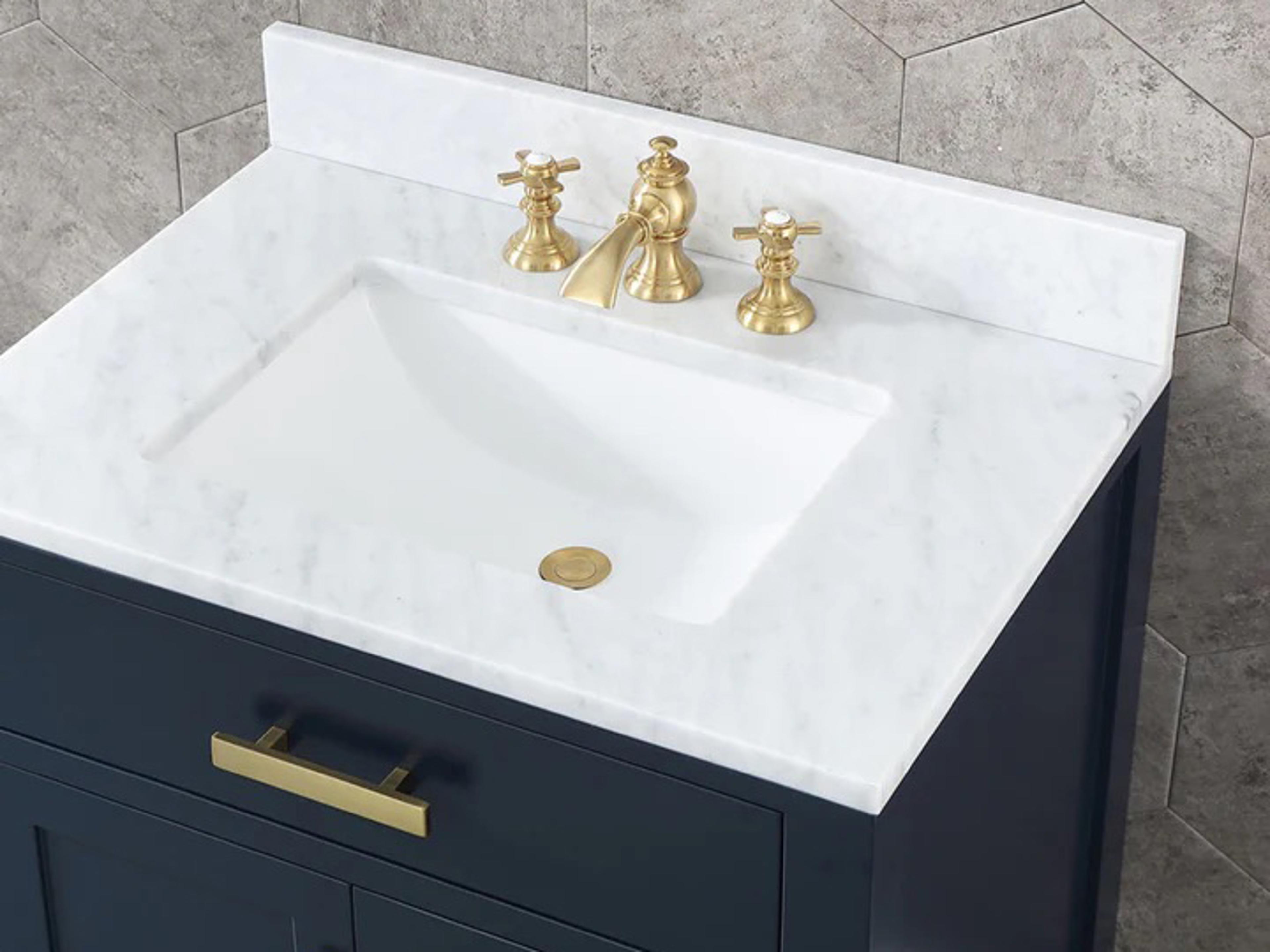 Water Creation Madison Single Sink Carrara White Marble Countertop Bath Vanity In Monarch Blue with Satin Gold Hardware and Hook Faucet