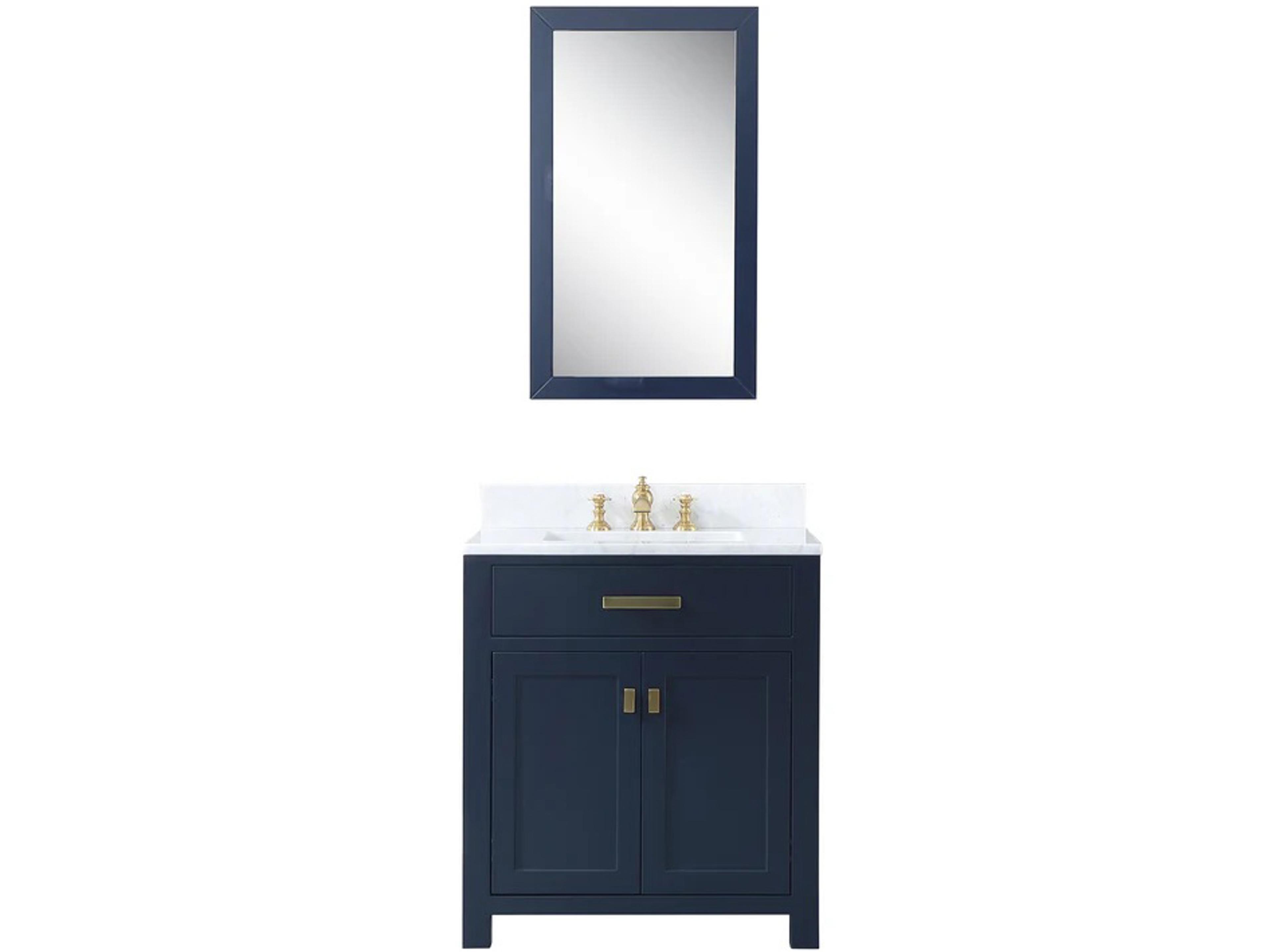Madison Single Sink Carrara White Marble Countertop Bath Vanity In Monarch Blue with Satin Gold Hardware and Rectangular Mirror (S)