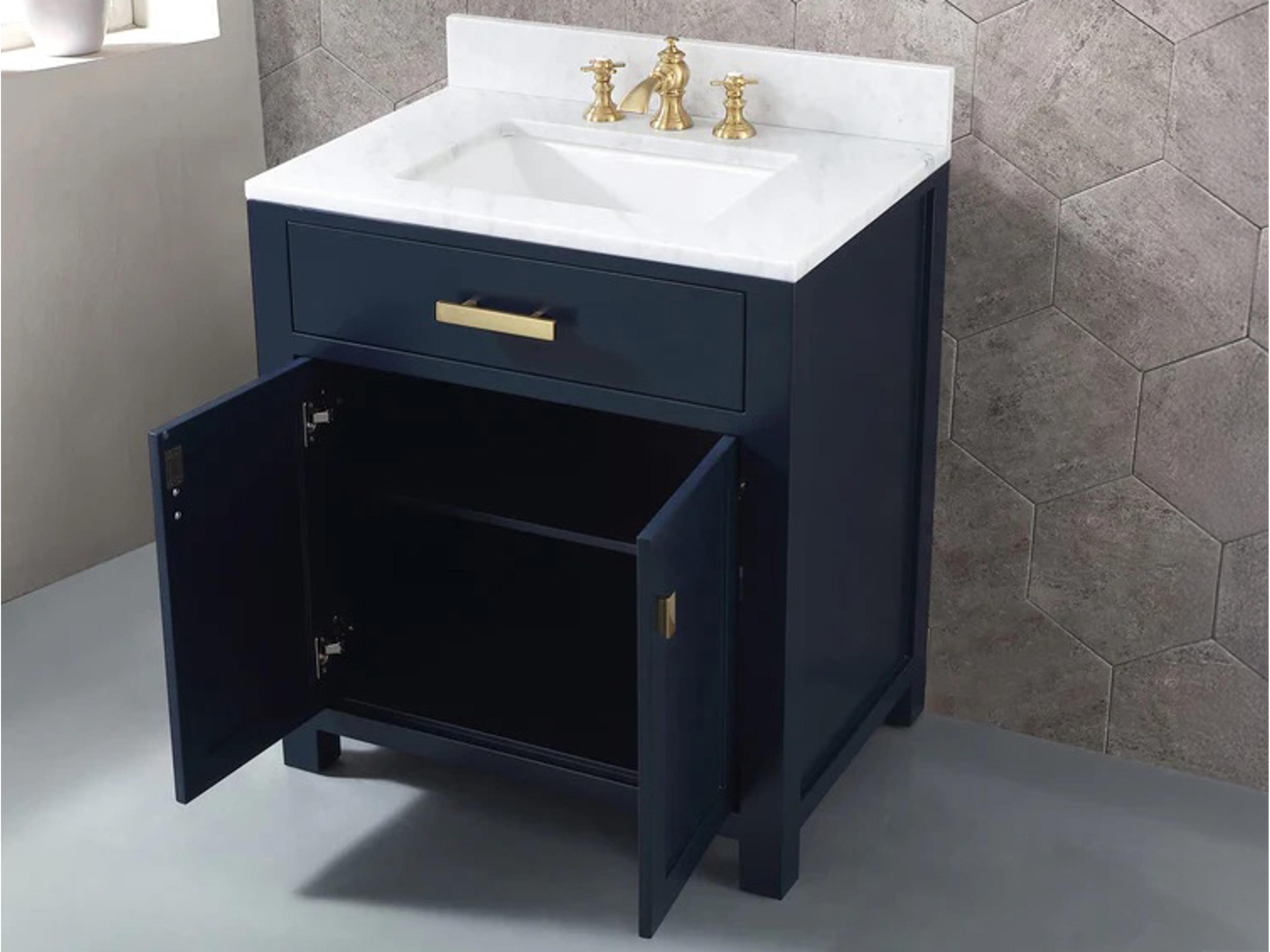 Water Creation Madison Single Sink Carrara White Marble Countertop Bath Vanity In Monarch Blue with Satin Gold Hardware and Rectangular Mirror (S)