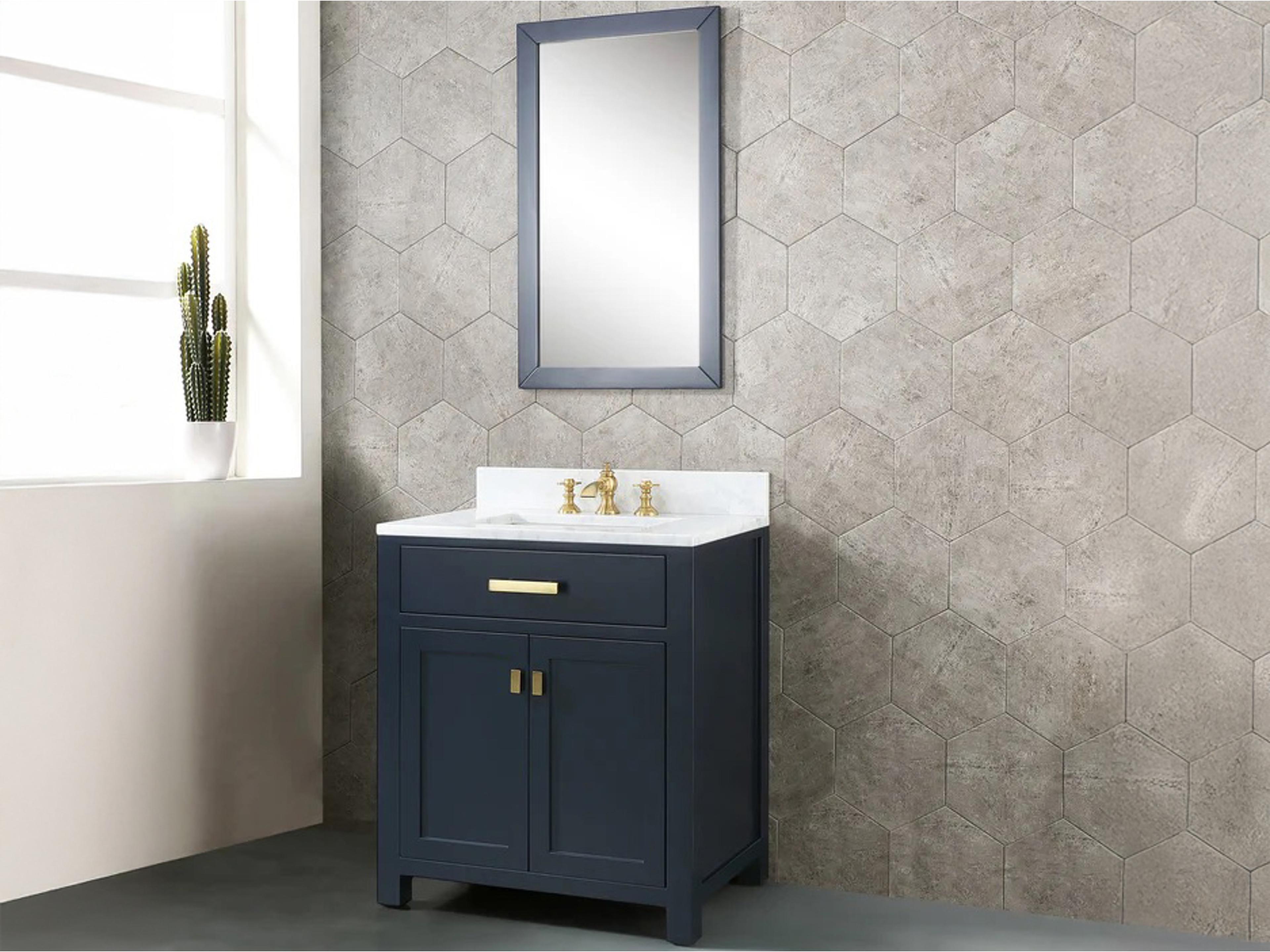 Water Creation Madison Single Sink Carrara White Marble Countertop Bath Vanity In Monarch Blue with Satin Gold Hardware, Waterfall Faucet and Rectangular Mirror (S)