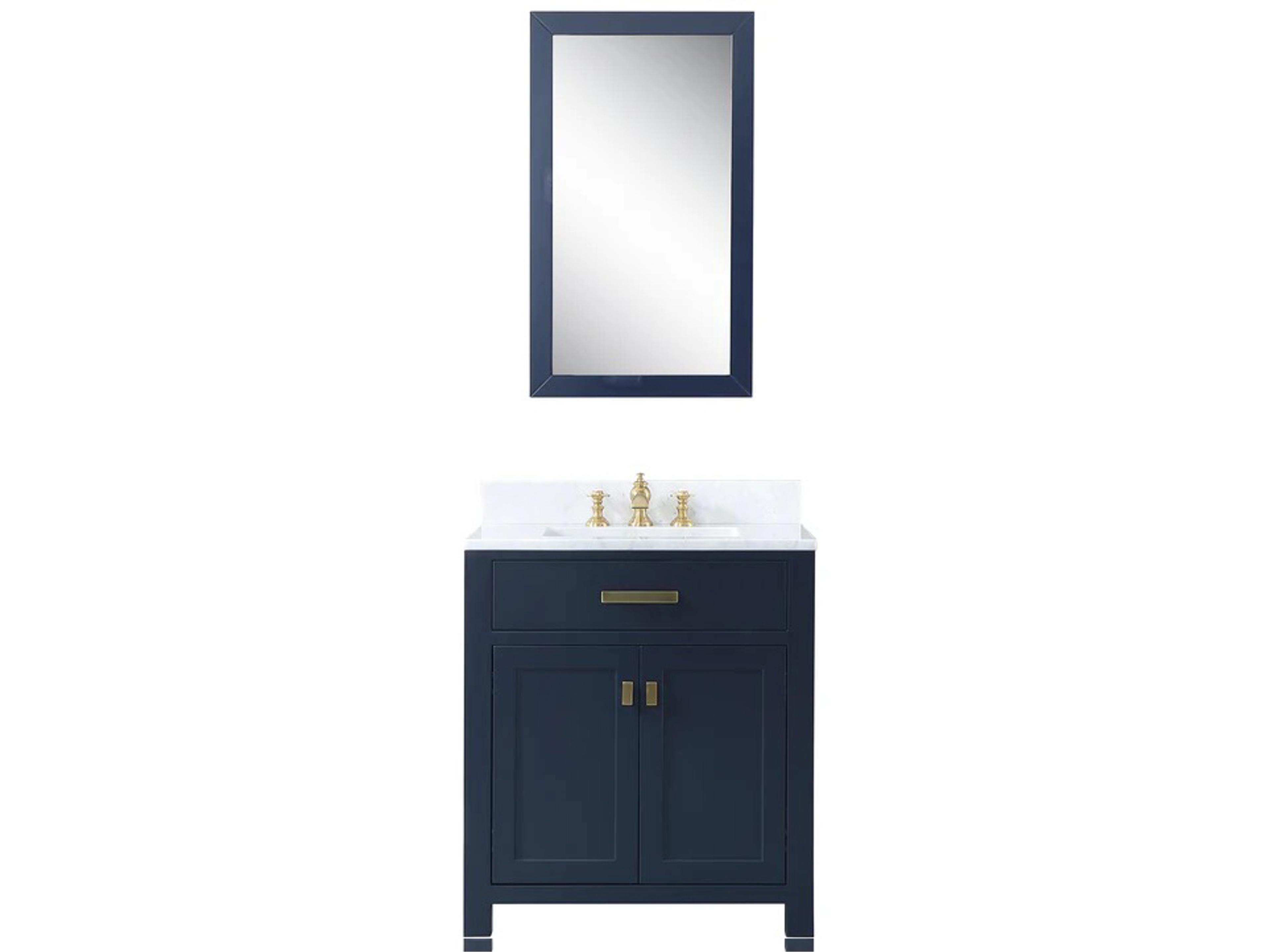 Madison  Single Sink Carrara White Marble Countertop Bath Vanity In Monarch Blue with Satin Gold Hardware, Hook Faucet and Rectangular Mirror (S)