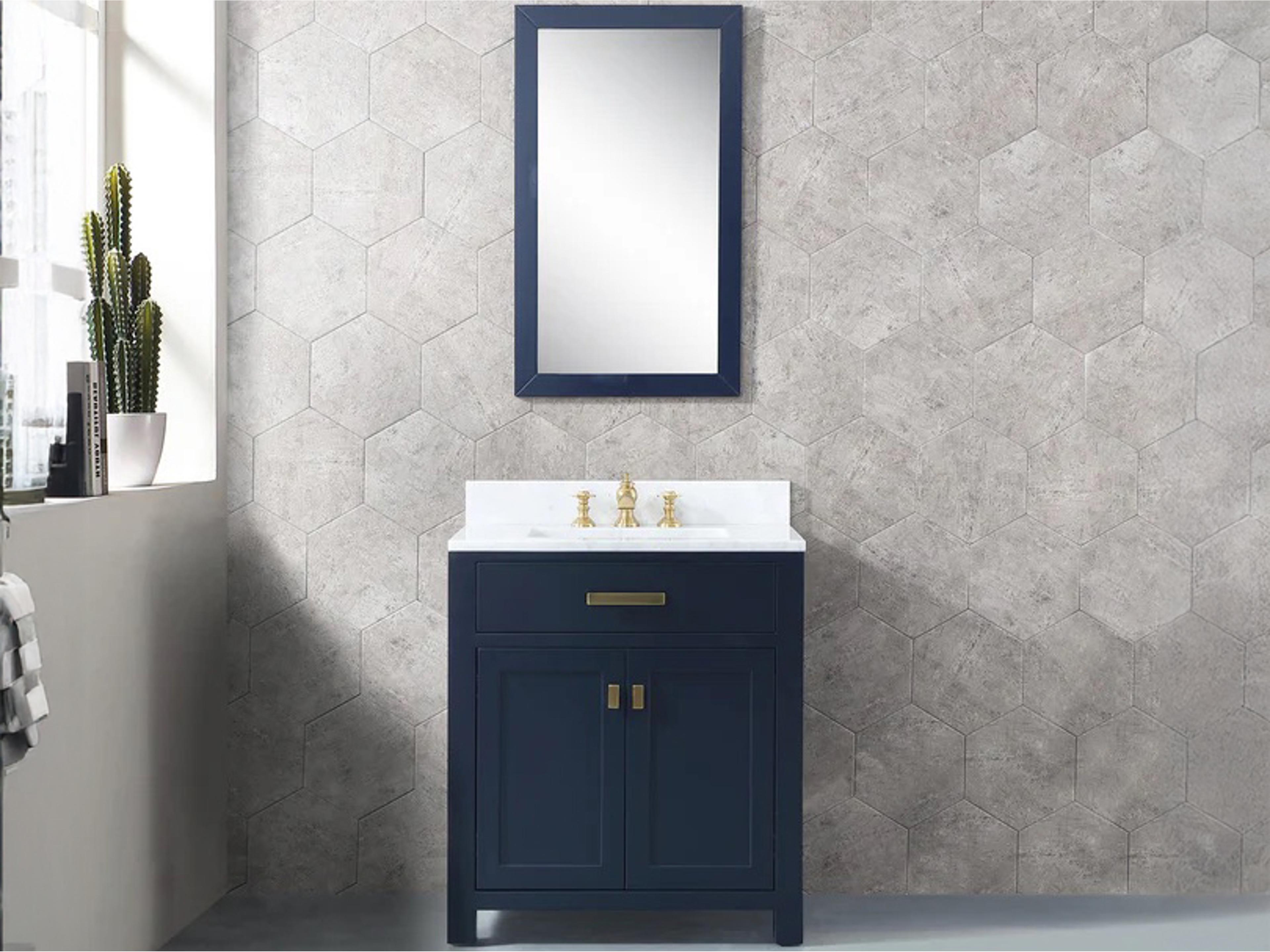 Water Creation Madison  Single Sink Carrara White Marble Countertop Bath Vanity In Monarch Blue with Satin Gold Hardware, Hook Faucet and Rectangular Mirror (S)