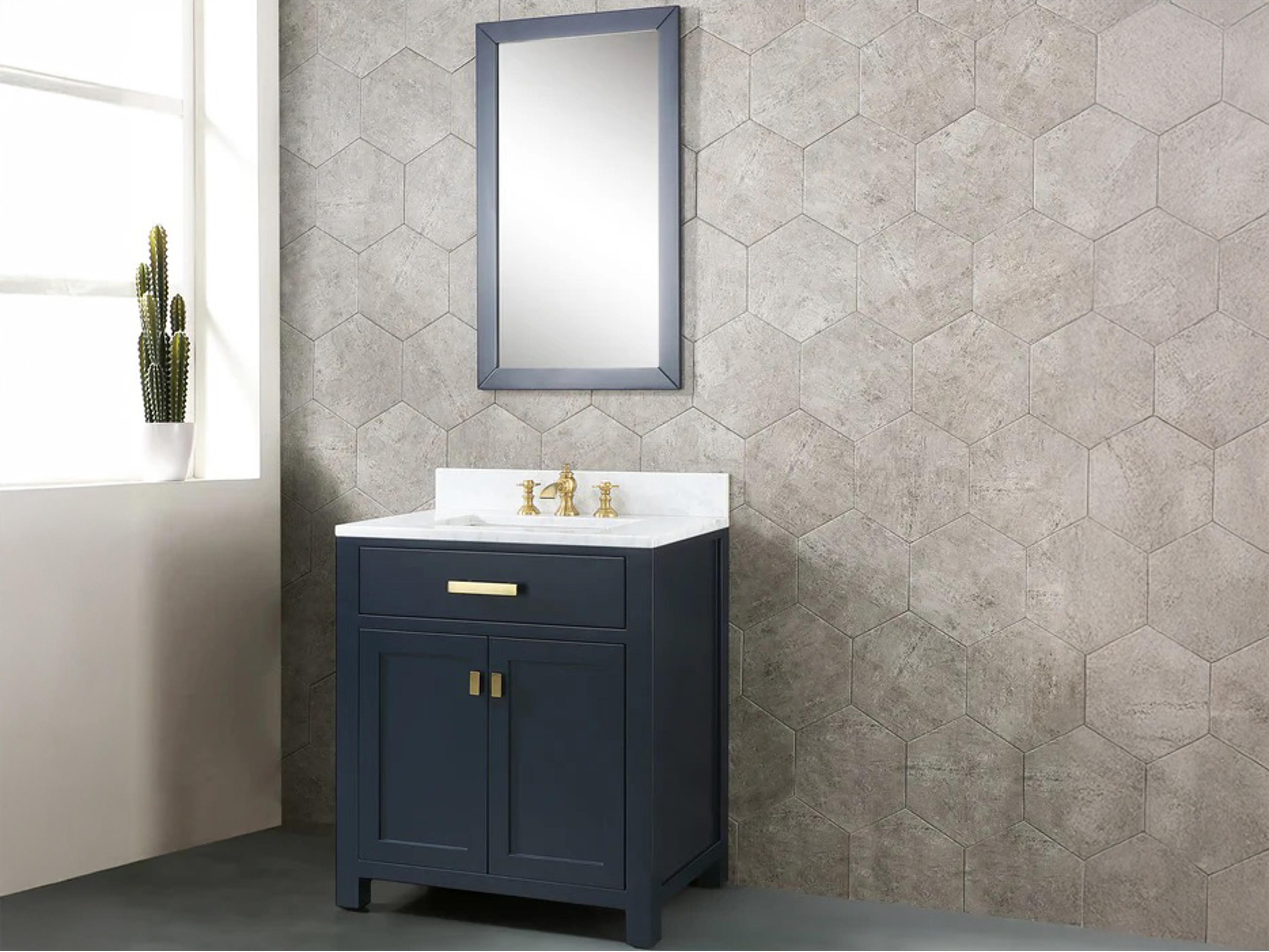 Water Creation Madison  Single Sink Carrara White Marble Countertop Bath Vanity In Monarch Blue with Satin Gold Hardware, Hook Faucet and Rectangular Mirror (S)