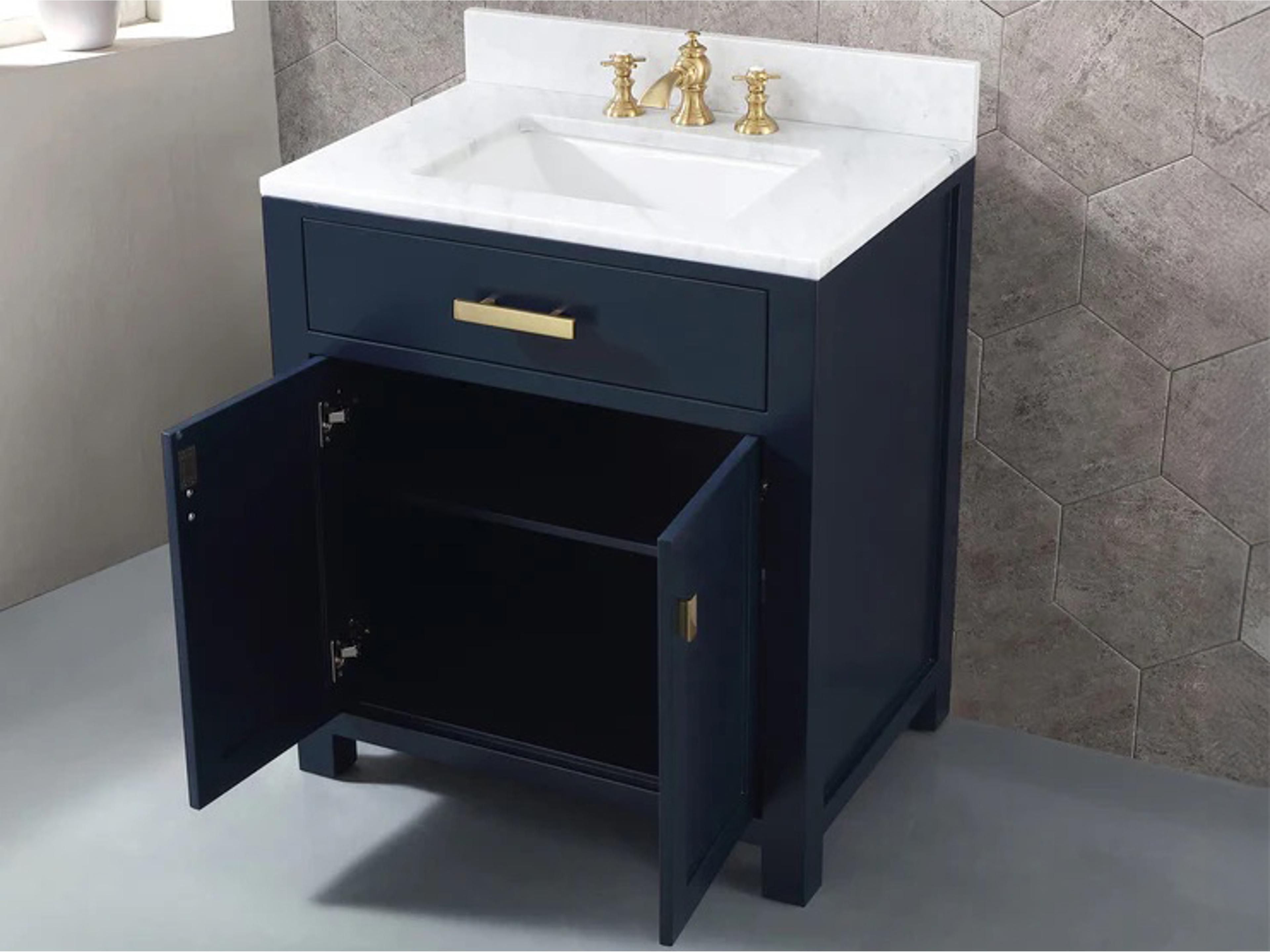 Water Creation Madison  Single Sink Carrara White Marble Countertop Bath Vanity In Monarch Blue with Satin Gold Hardware, Hook Faucet and Rectangular Mirror (S)