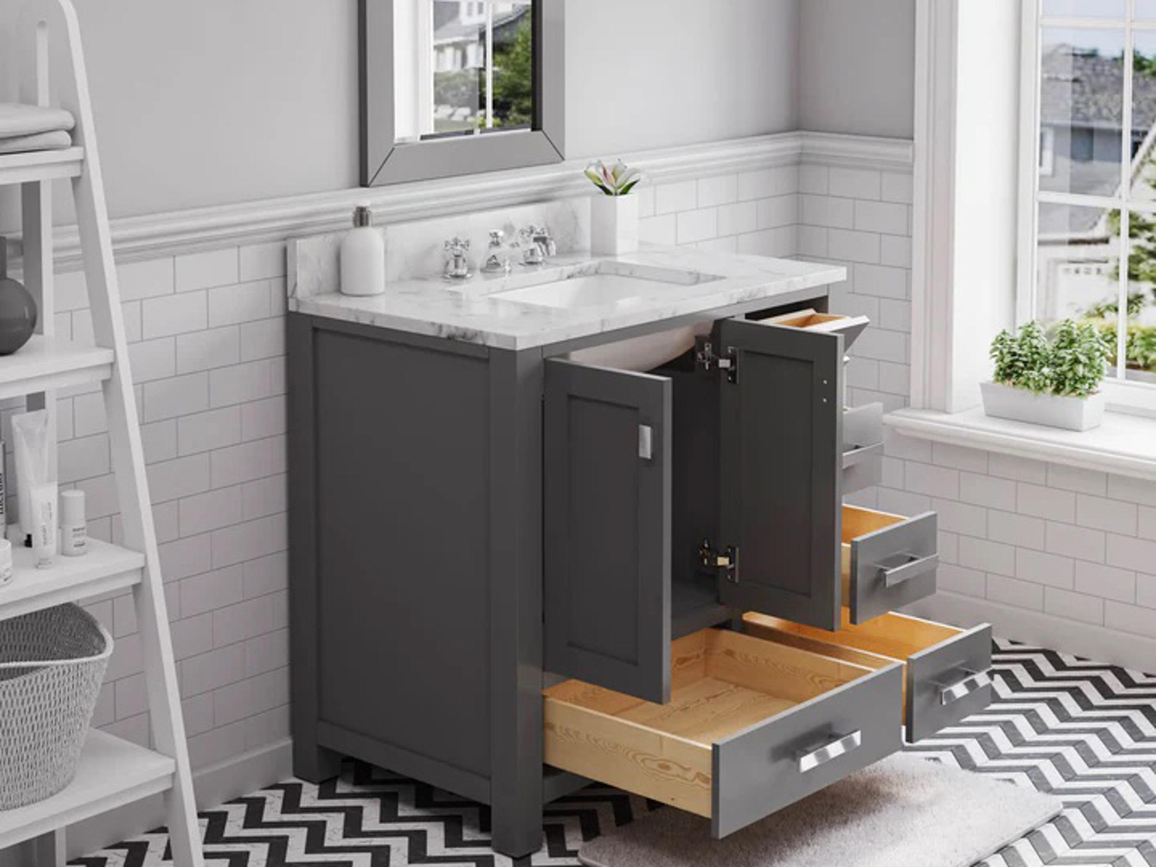 Water Creation Madison Single Sink Carrara White Marble Countertop Bath Vanity in Cashmere Grey with Chrome Hardware