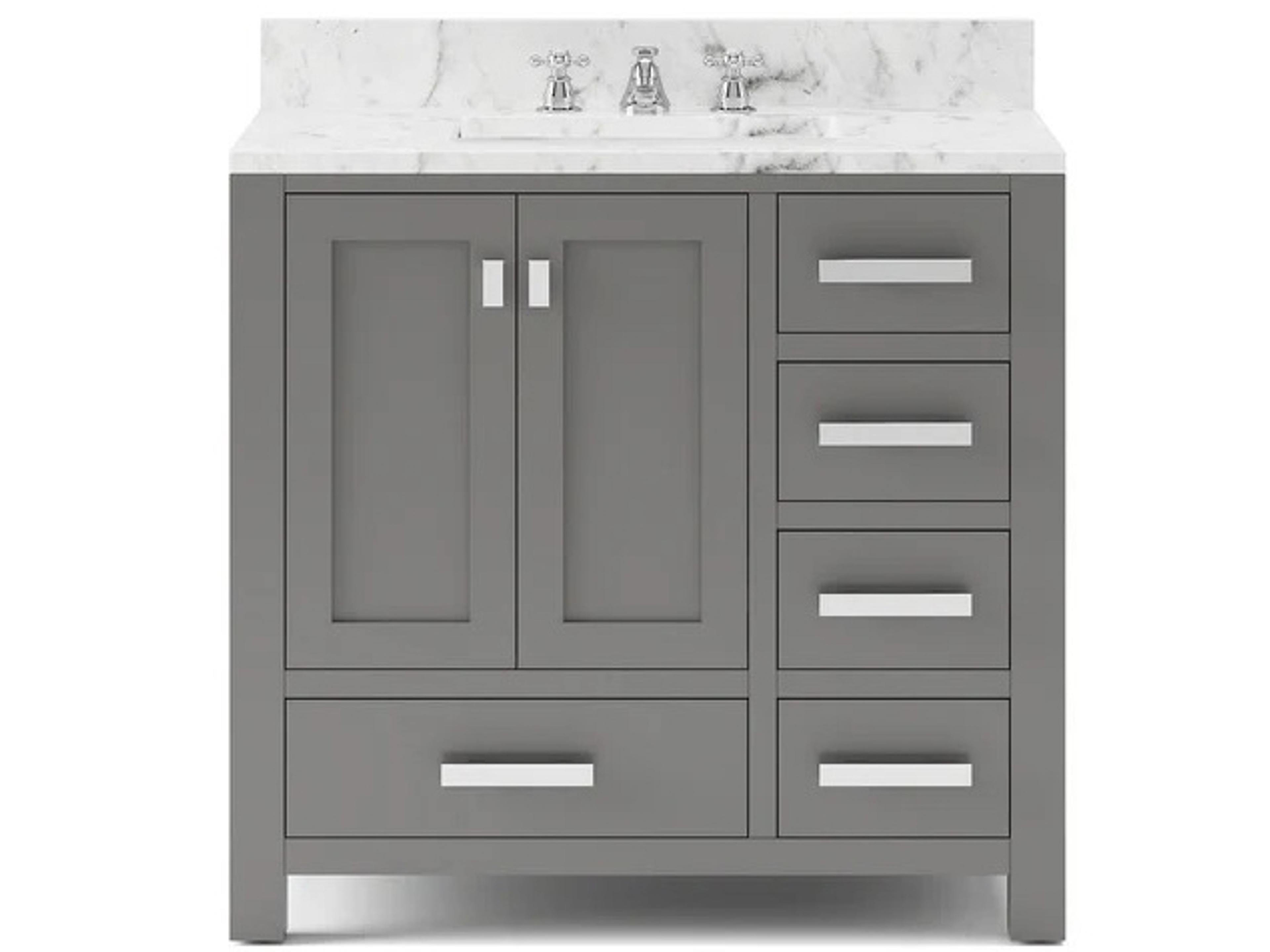 Madison Single Sink Carrara White Marble Countertop Bath Vanity in Cashmere Grey with Chrome Hardware and Classic Faucet