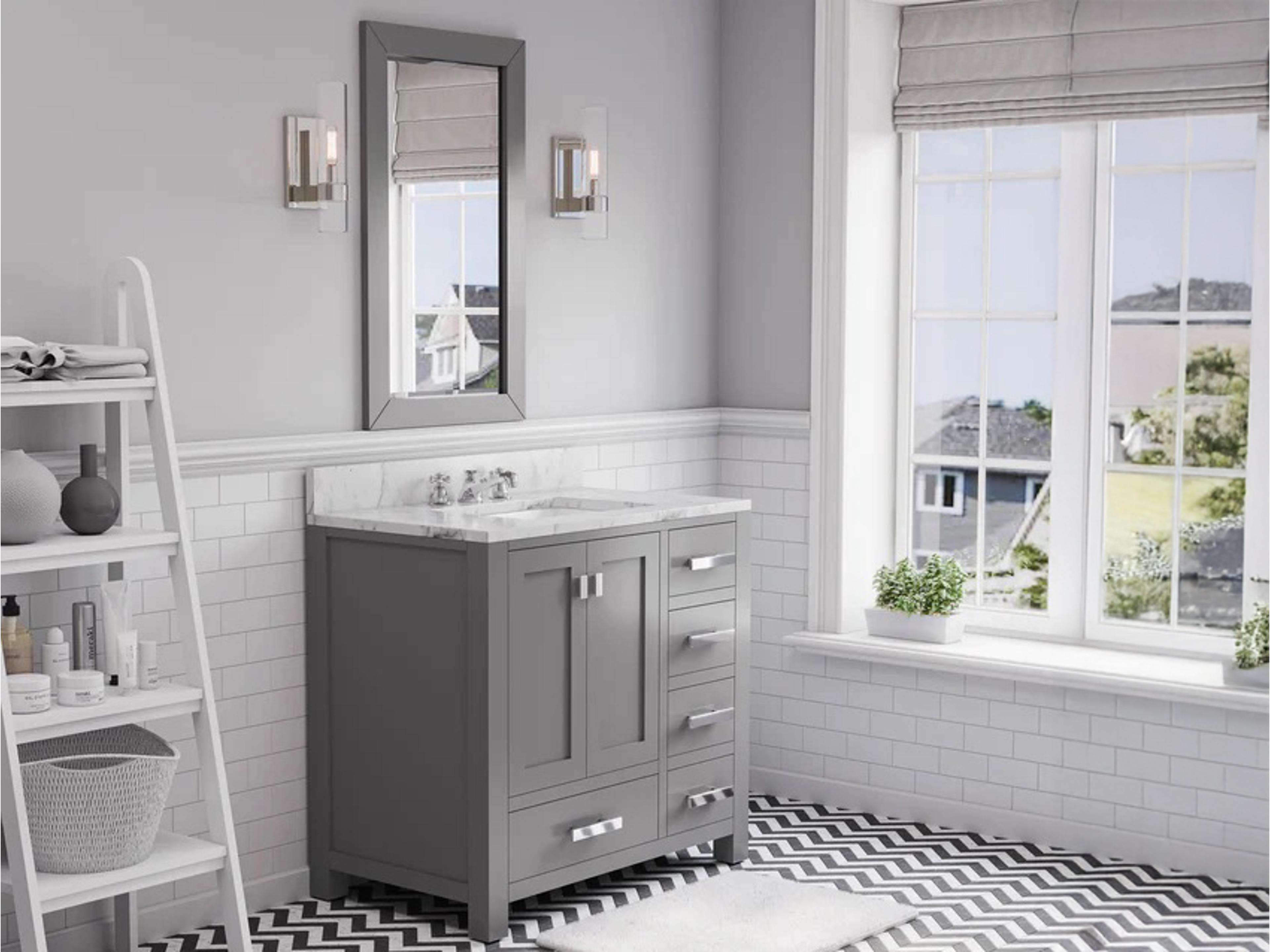 Water Creation Madison Single Sink Carrara White Marble Countertop Bath Vanity in Cashmere Grey with Chrome Hardware and Classic Faucet