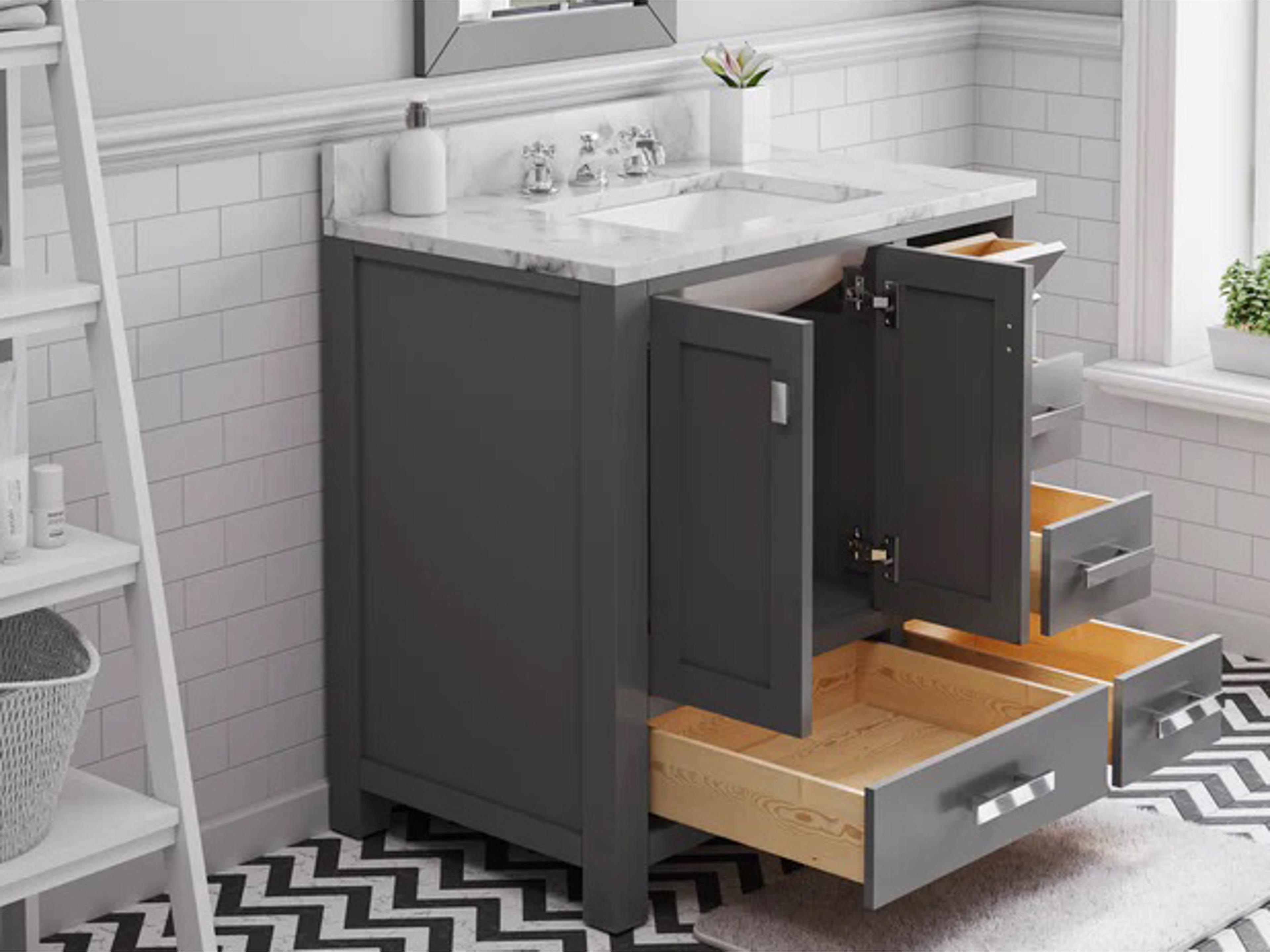 Water Creation Madison Single Sink Carrara White Marble Countertop Bath Vanity in Cashmere Grey with Chrome Hardware and Classic Faucet