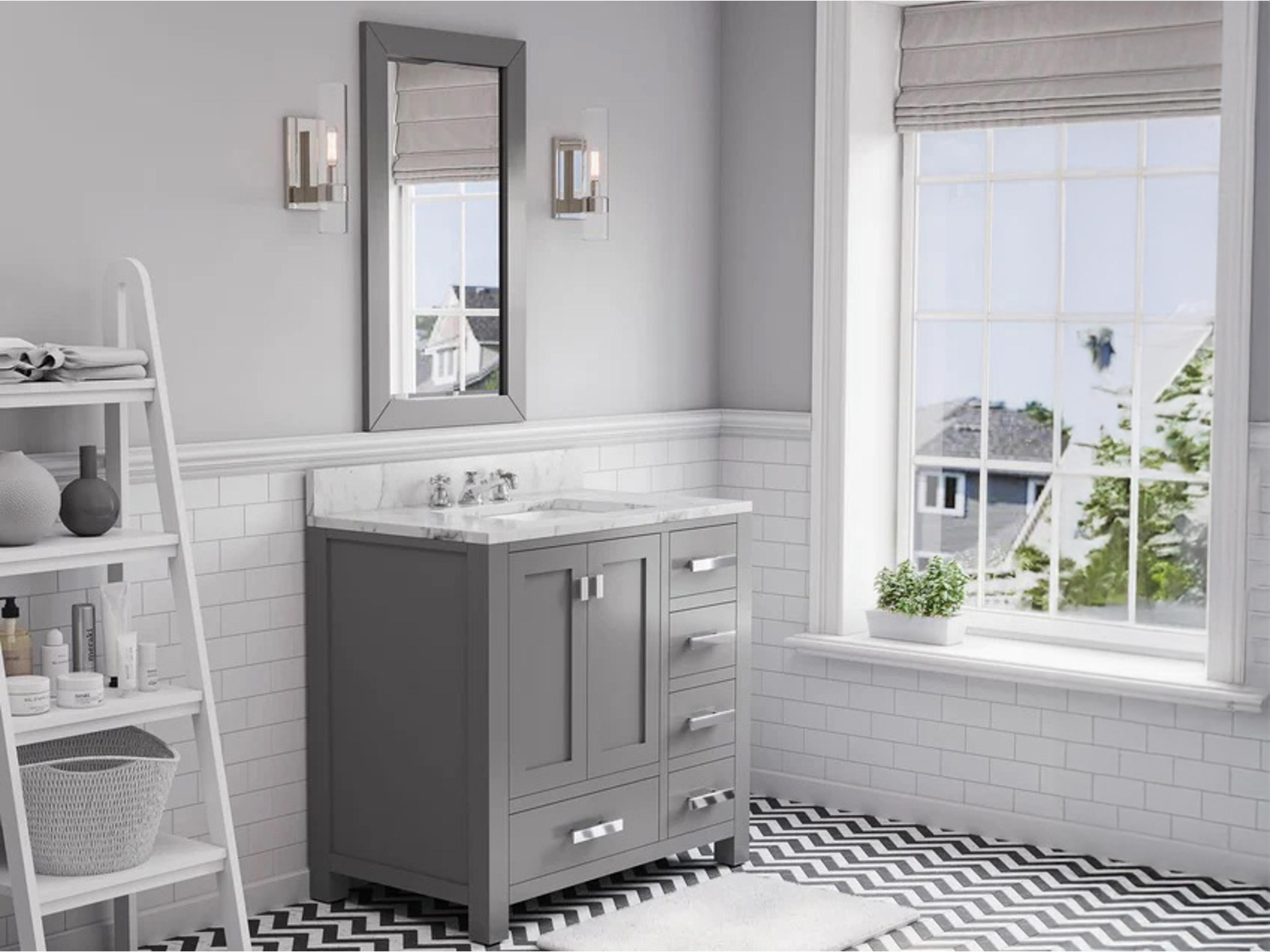 Water Creation Madison Single Sink Carrara White Marble Countertop Bath Vanity in Cashmere Grey with Chrome Hardware and Rectangular Mirror (S)