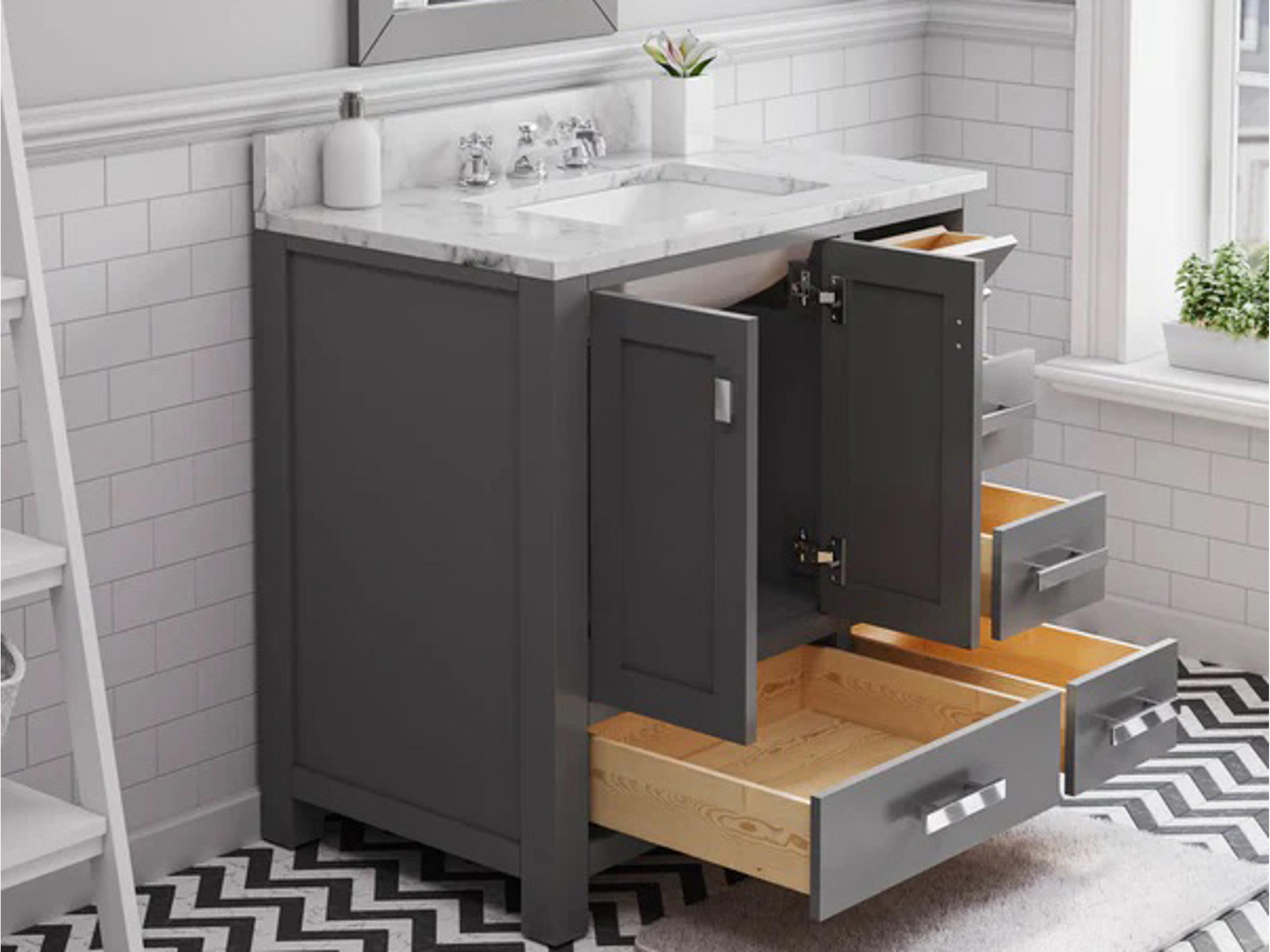 Water Creation Madison Single Sink Carrara White Marble Countertop Bath Vanity in Cashmere Grey with Chrome Hardware and Rectangular Mirror (S)