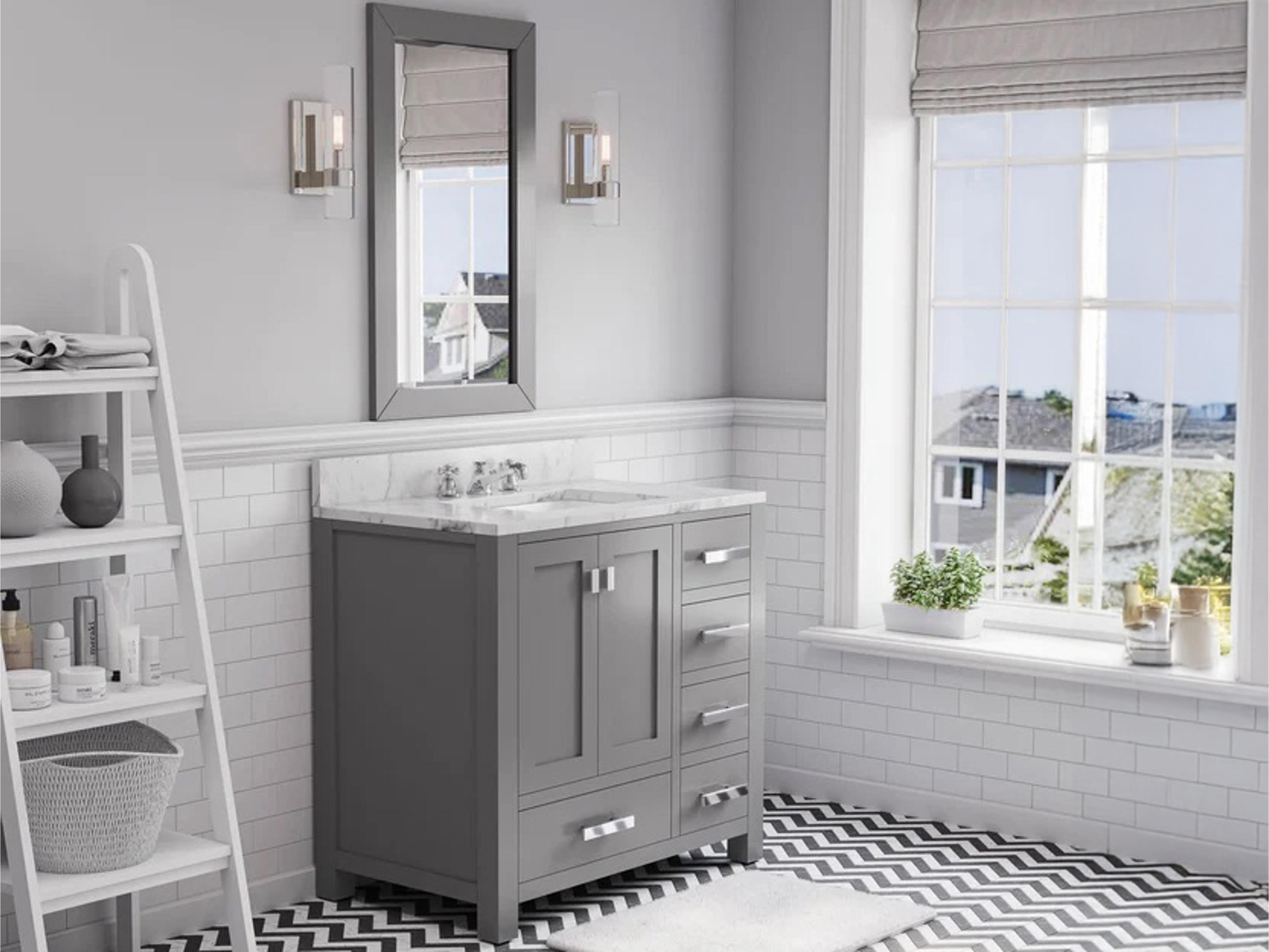 Water Creation Madison Single Sink Carrara White Marble Countertop Bath Vanity in Cashmere Grey with Chrome Hardware, Classic Faucet and Rectangular Mirror (S)