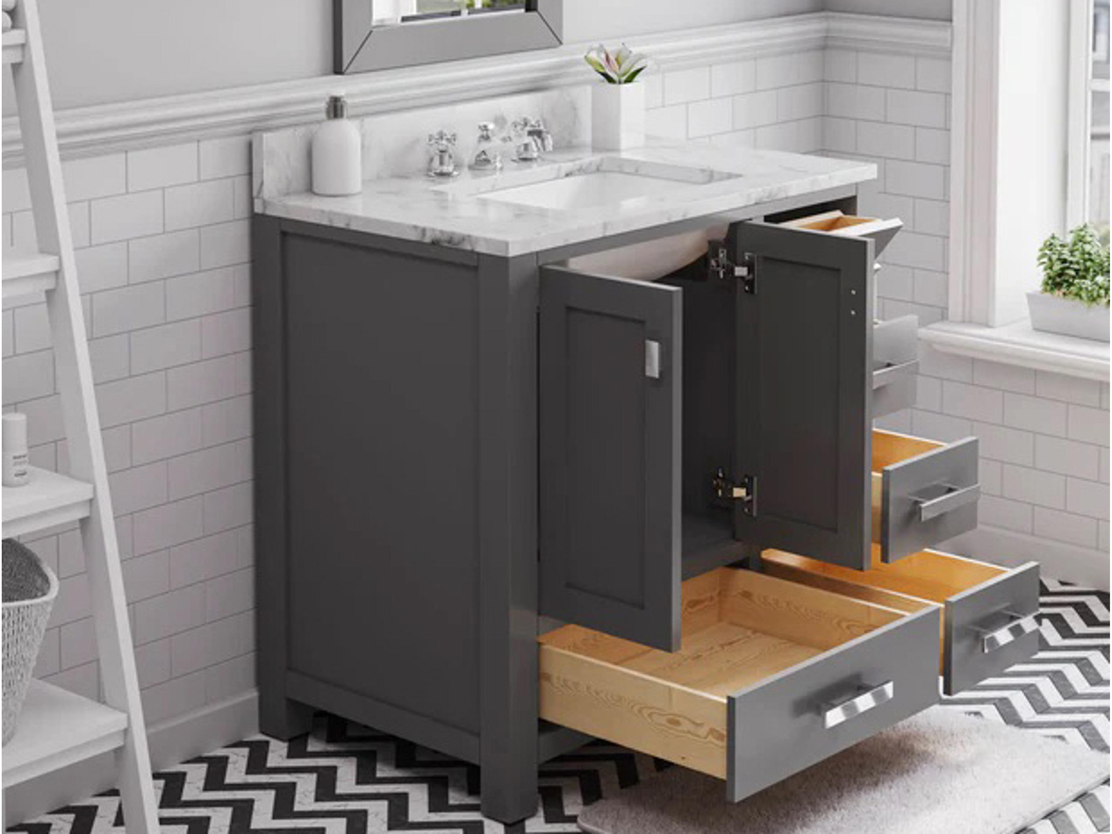 Water Creation Madison Single Sink Carrara White Marble Countertop Bath Vanity in Cashmere Grey with Chrome Hardware, Classic Faucet and Rectangular Mirror (S)