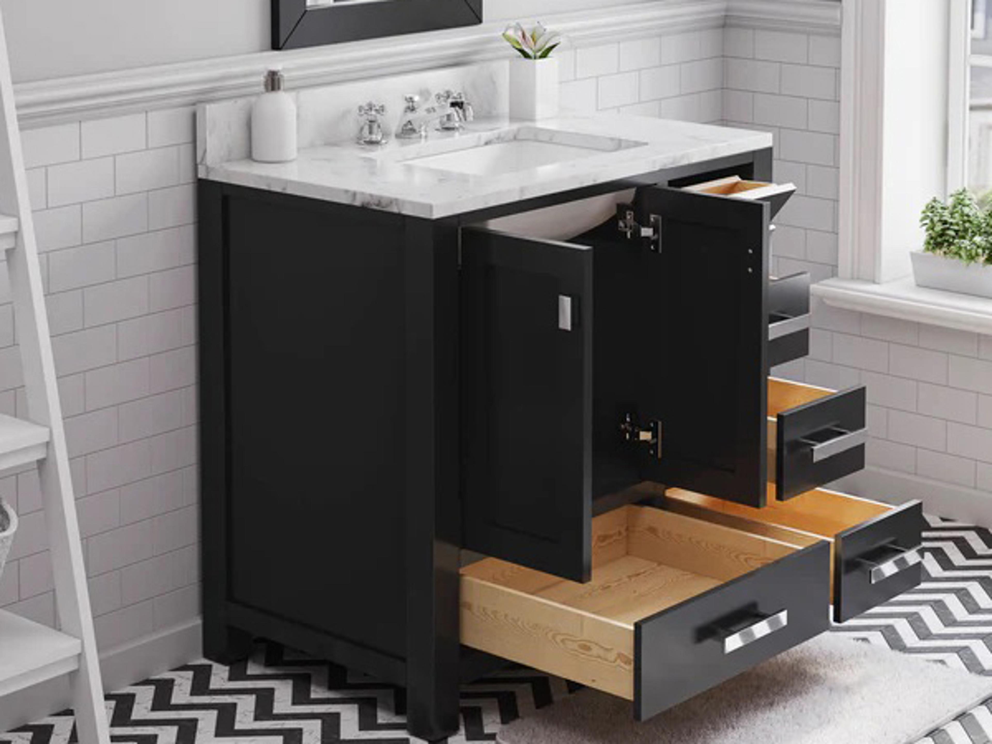 Water Creation Madison Single Sink Carrara White Marble Countertop Bath Vanity in Espresso with Chrome Hardware and Classic Faucet