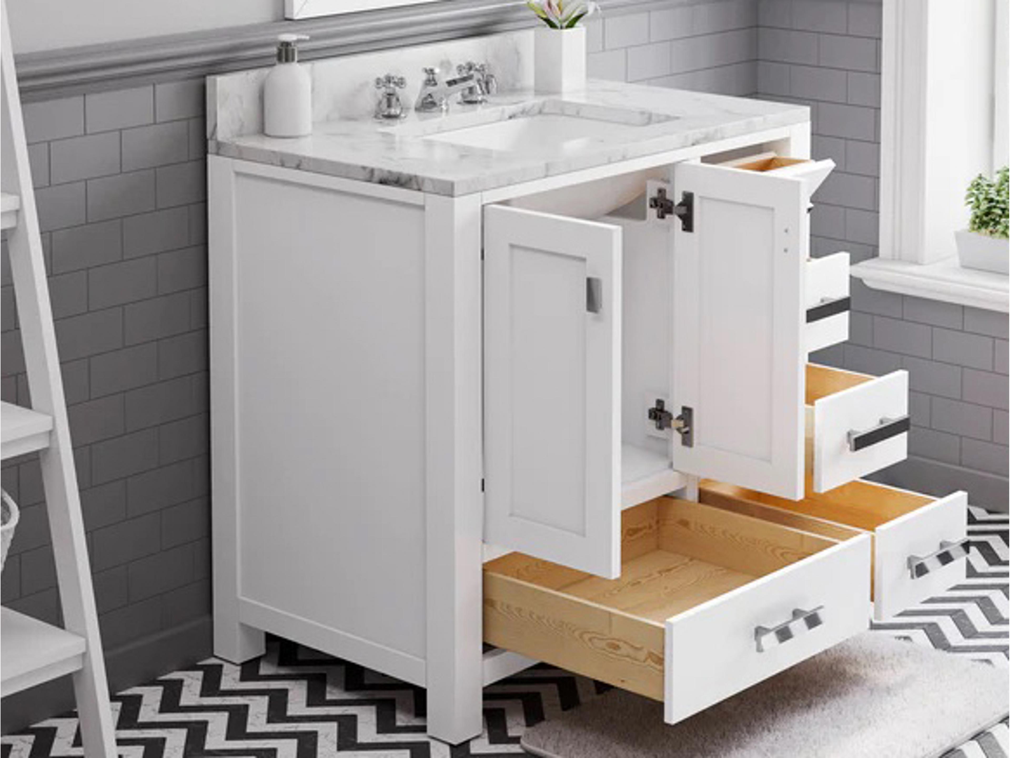 Water Creation Madison Single Sink Carrara White Marble Countertop Bath Vanity in Pure White with Chrome Hardware