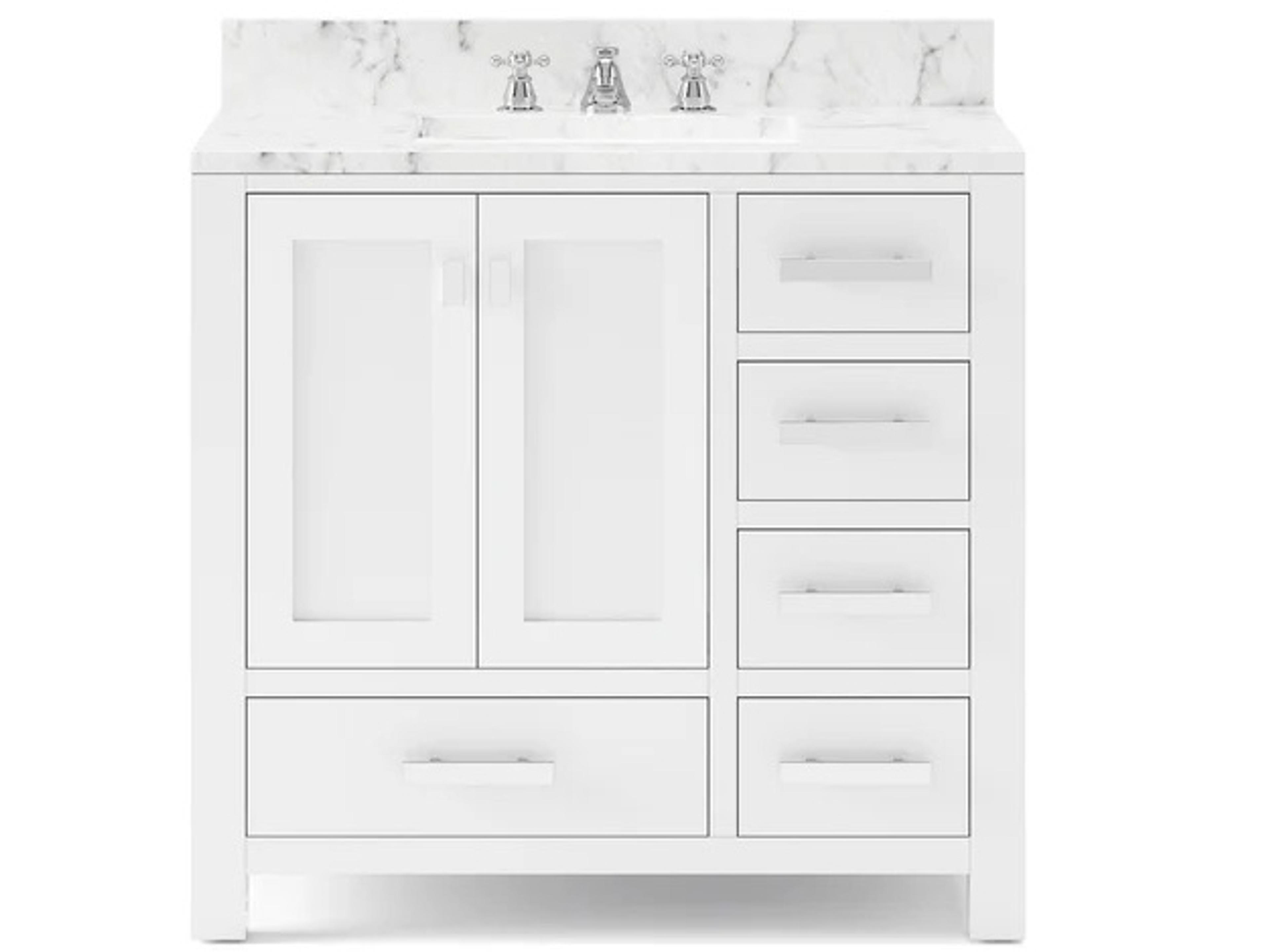 Madison Single Sink Carrara White Marble Countertop Bath Vanity in Pure White with Chrome Hardware and Classic Faucet