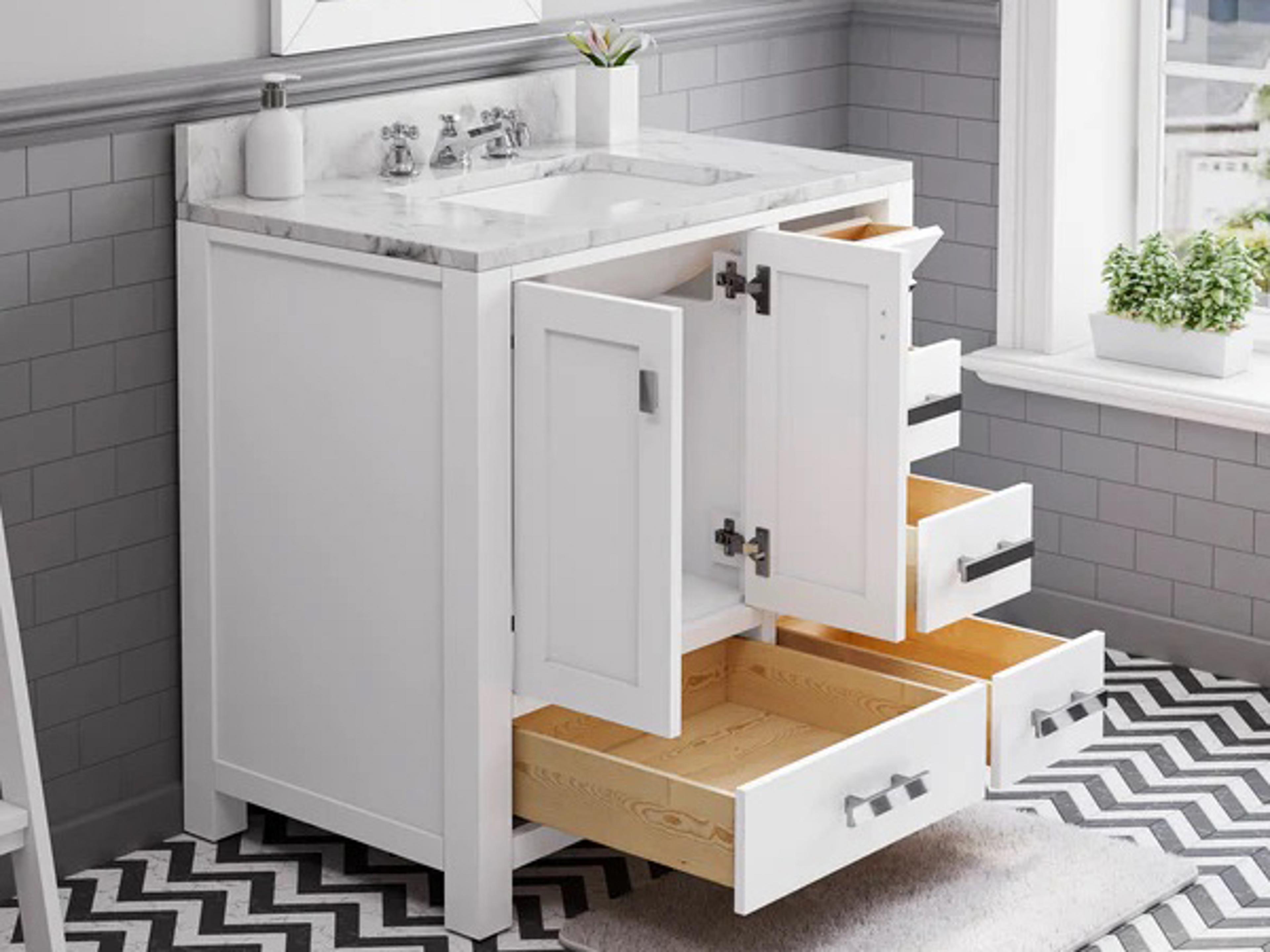 Water Creation Madison Single Sink Carrara White Marble Countertop Bath Vanity in Pure White with Chrome Hardware and Classic Faucet