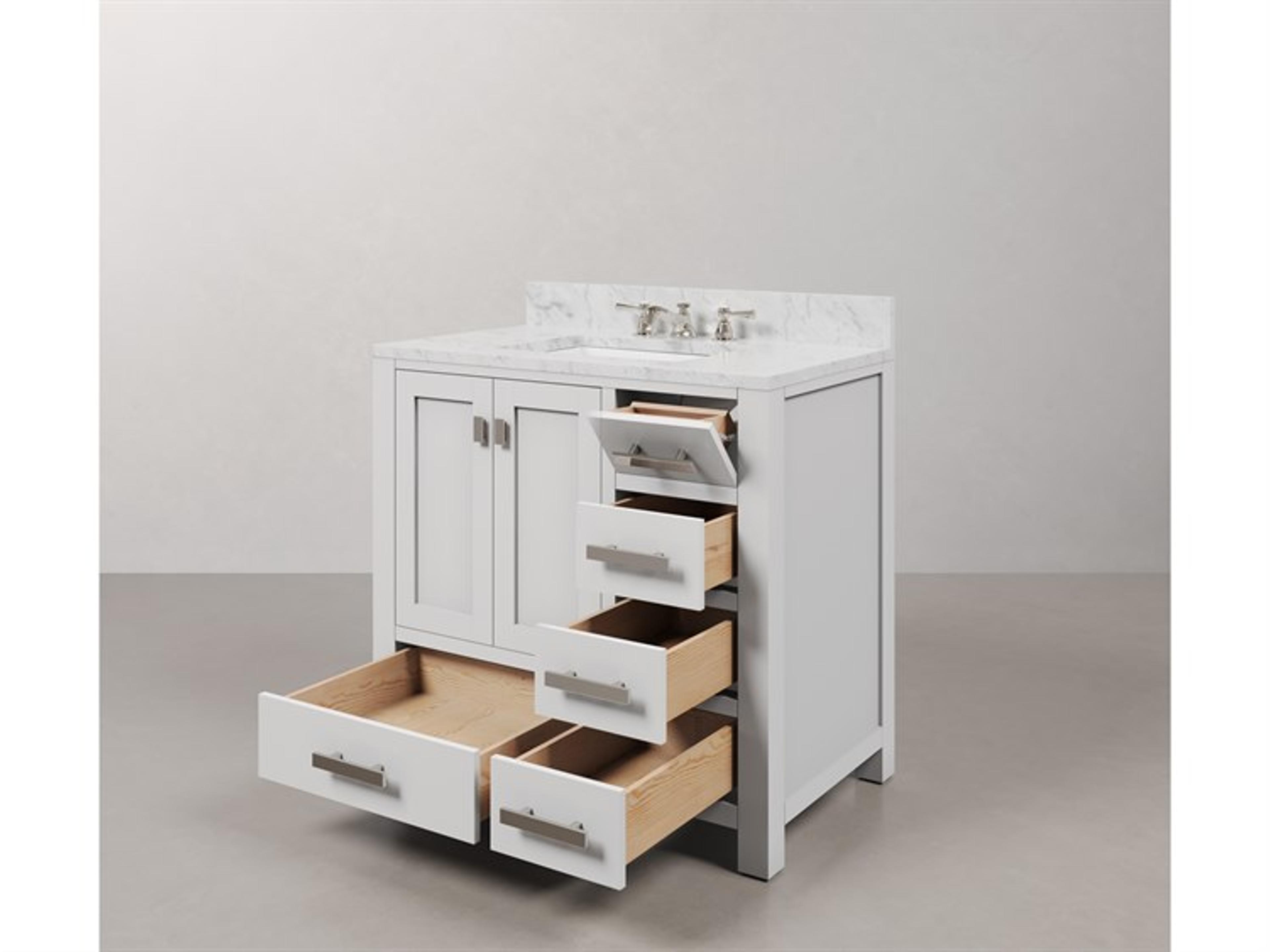 Water Creation Madison Single Sink Carrara White Marble Countertop Bath Vanity in Pure White with Chrome Hardware and Classic Faucet