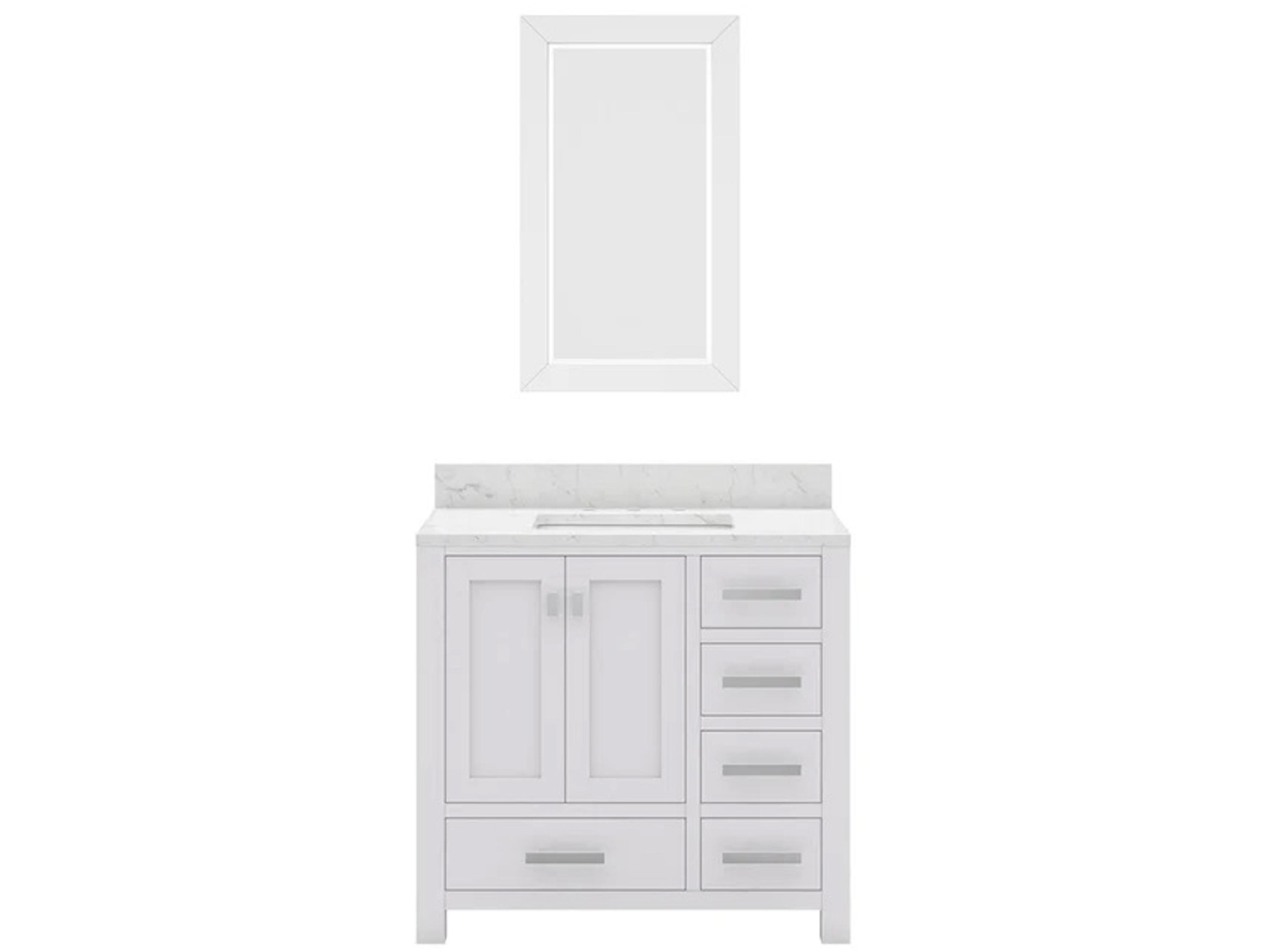 Madison Single Sink Carrara White Marble Countertop Bath Vanity in Pure White with Chrome Hardware and Rectangular Mirror (S)