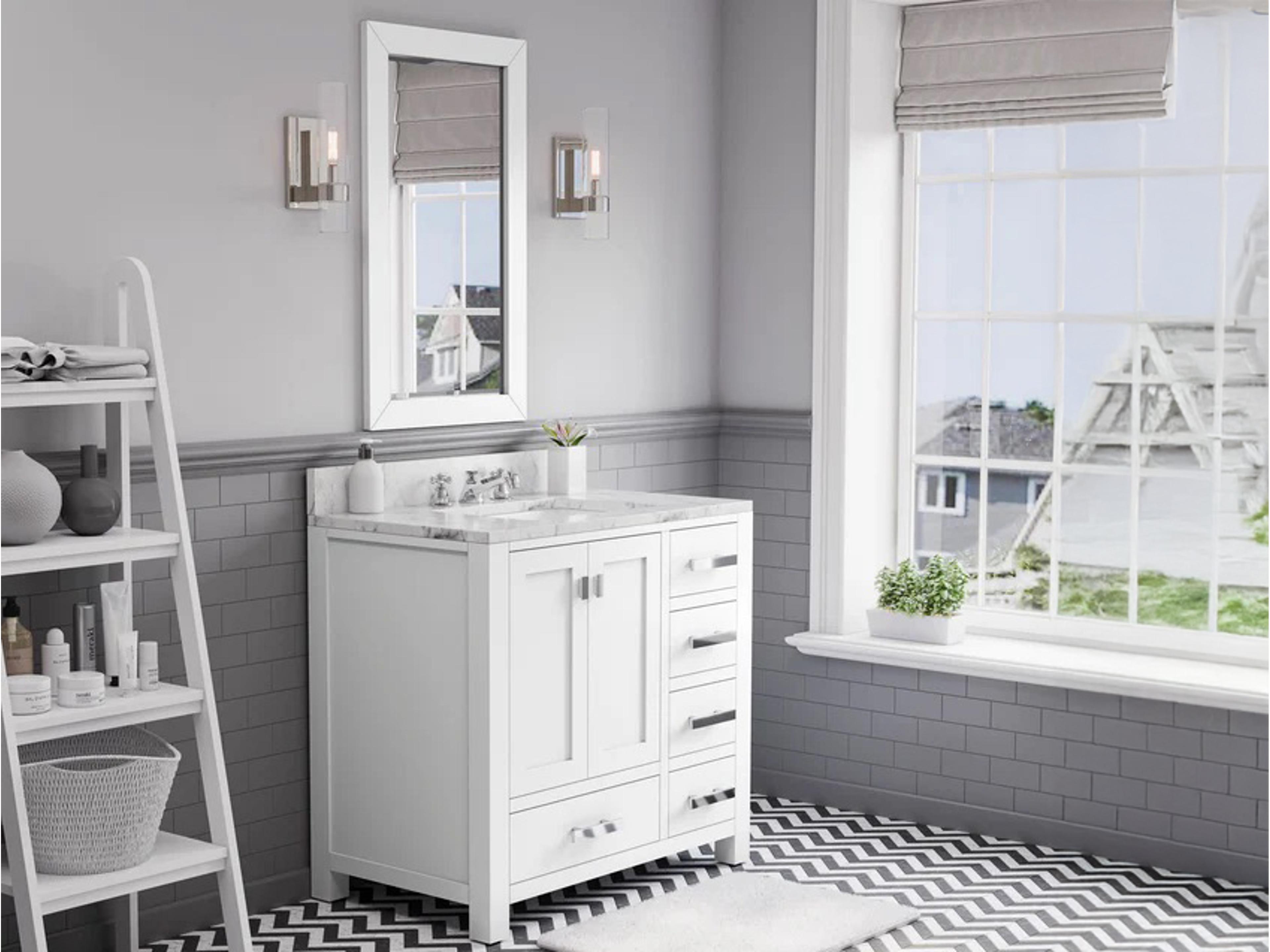 Water Creation Madison Single Sink Carrara White Marble Countertop Bath Vanity in Pure White with Chrome Hardware and Rectangular Mirror (S)
