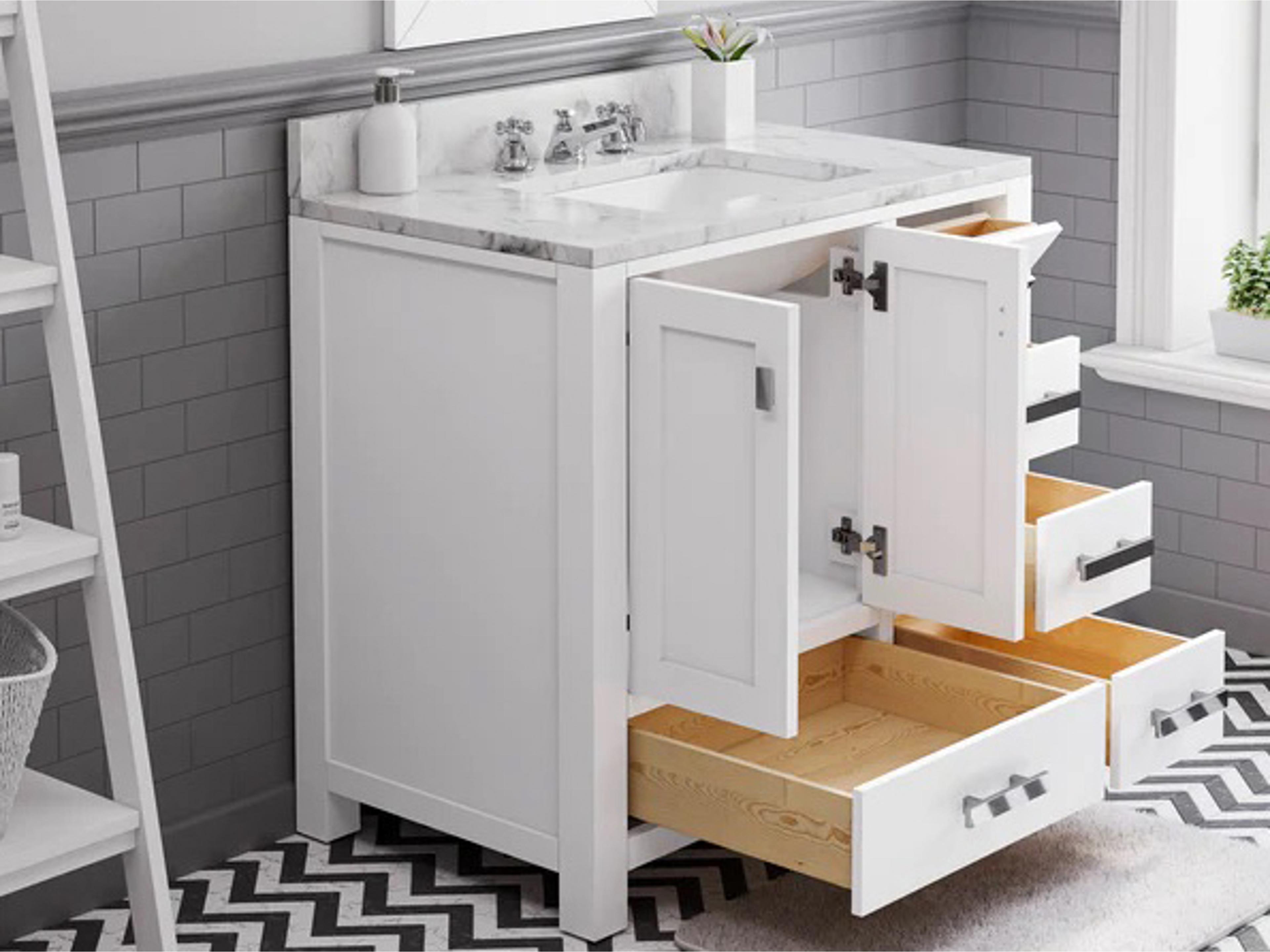 Water Creation Madison Single Sink Carrara White Marble Countertop Bath Vanity in Pure White with Chrome Hardware and Rectangular Mirror (S)