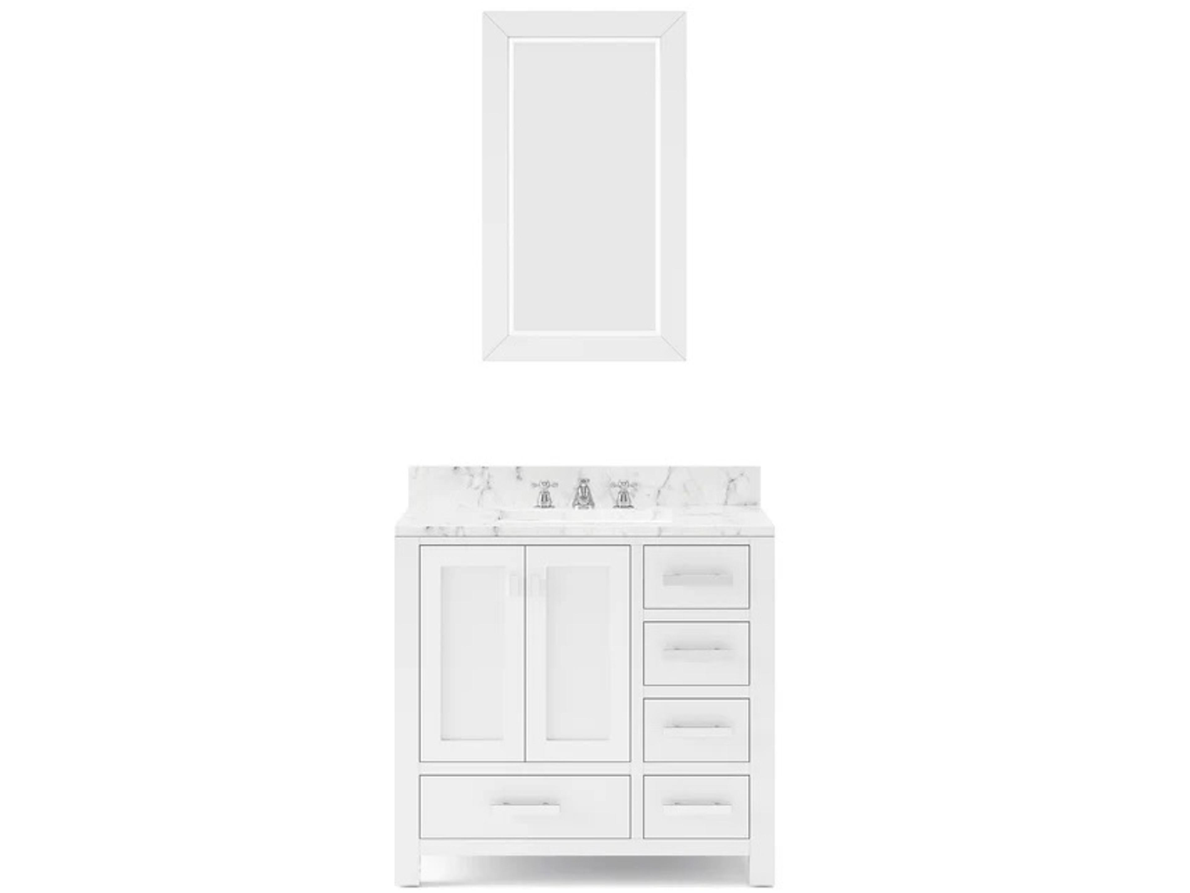 Water Creation Madison Single Sink Carrara White Marble Countertop Bath Vanity in Pure White with Chrome Hardware and Classic Faucet and Rectangular Mirror (S)