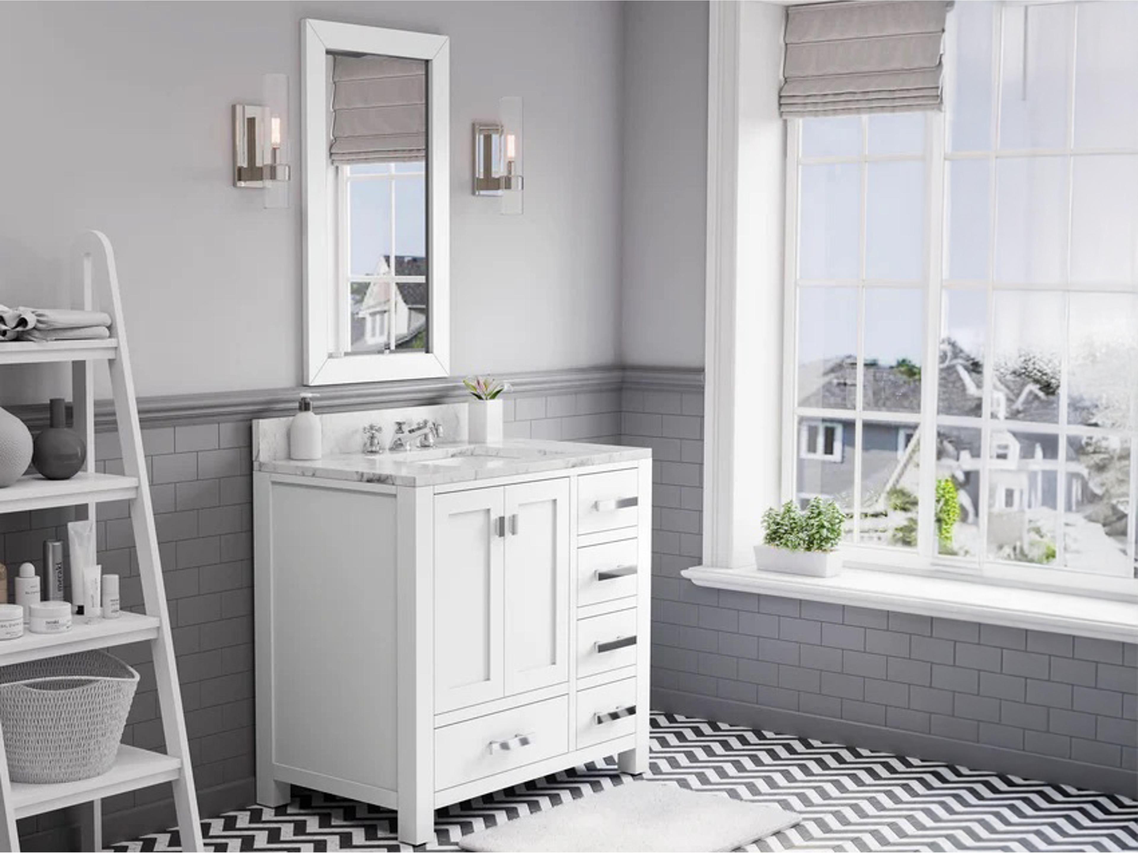 Water Creation Madison Single Sink Carrara White Marble Countertop Bath Vanity in Pure White with Chrome Hardware and Classic Faucet and Rectangular Mirror (S)