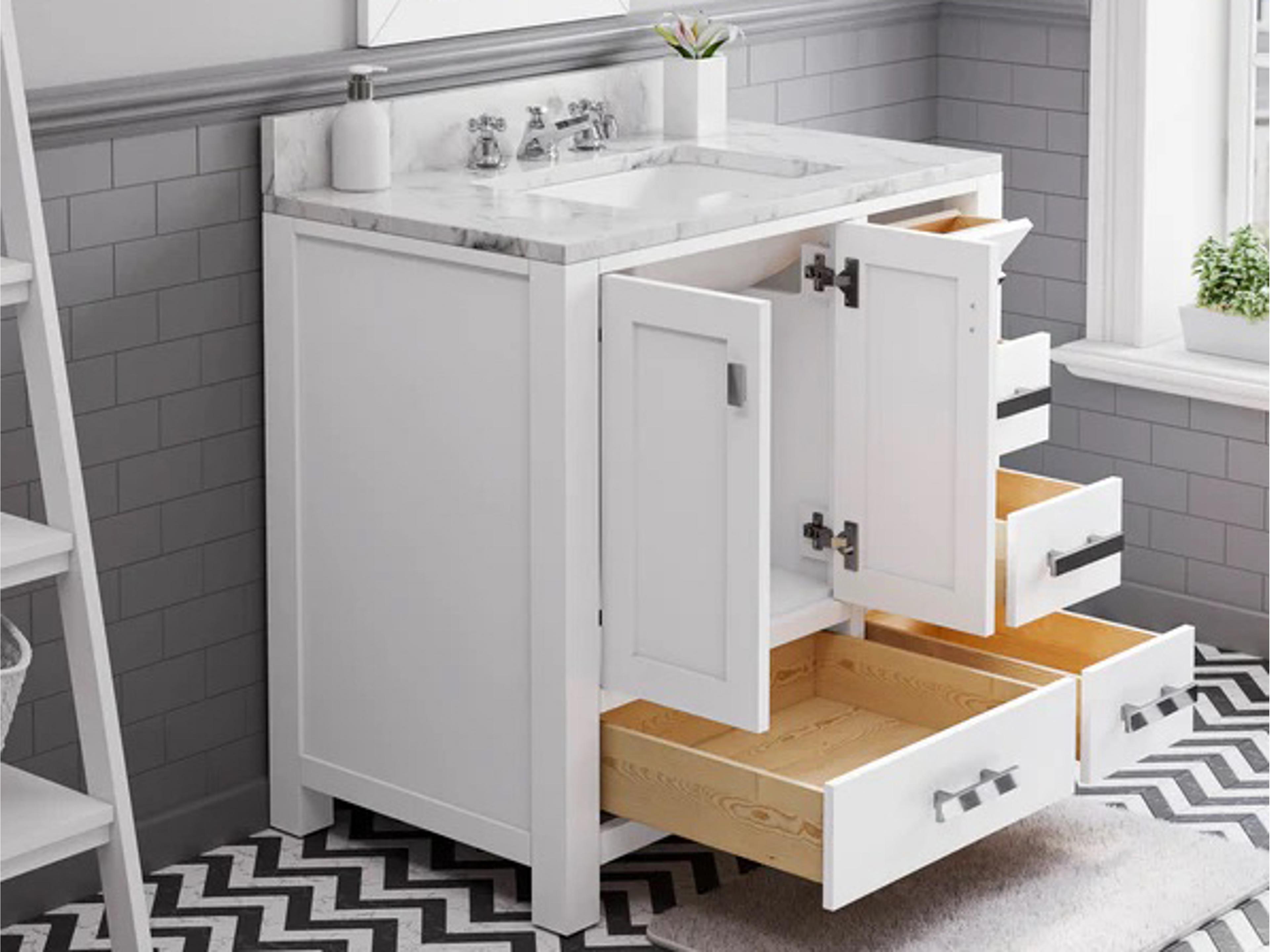 Water Creation Madison Single Sink Carrara White Marble Countertop Bath Vanity in Pure White with Chrome Hardware and Classic Faucet and Rectangular Mirror (S)