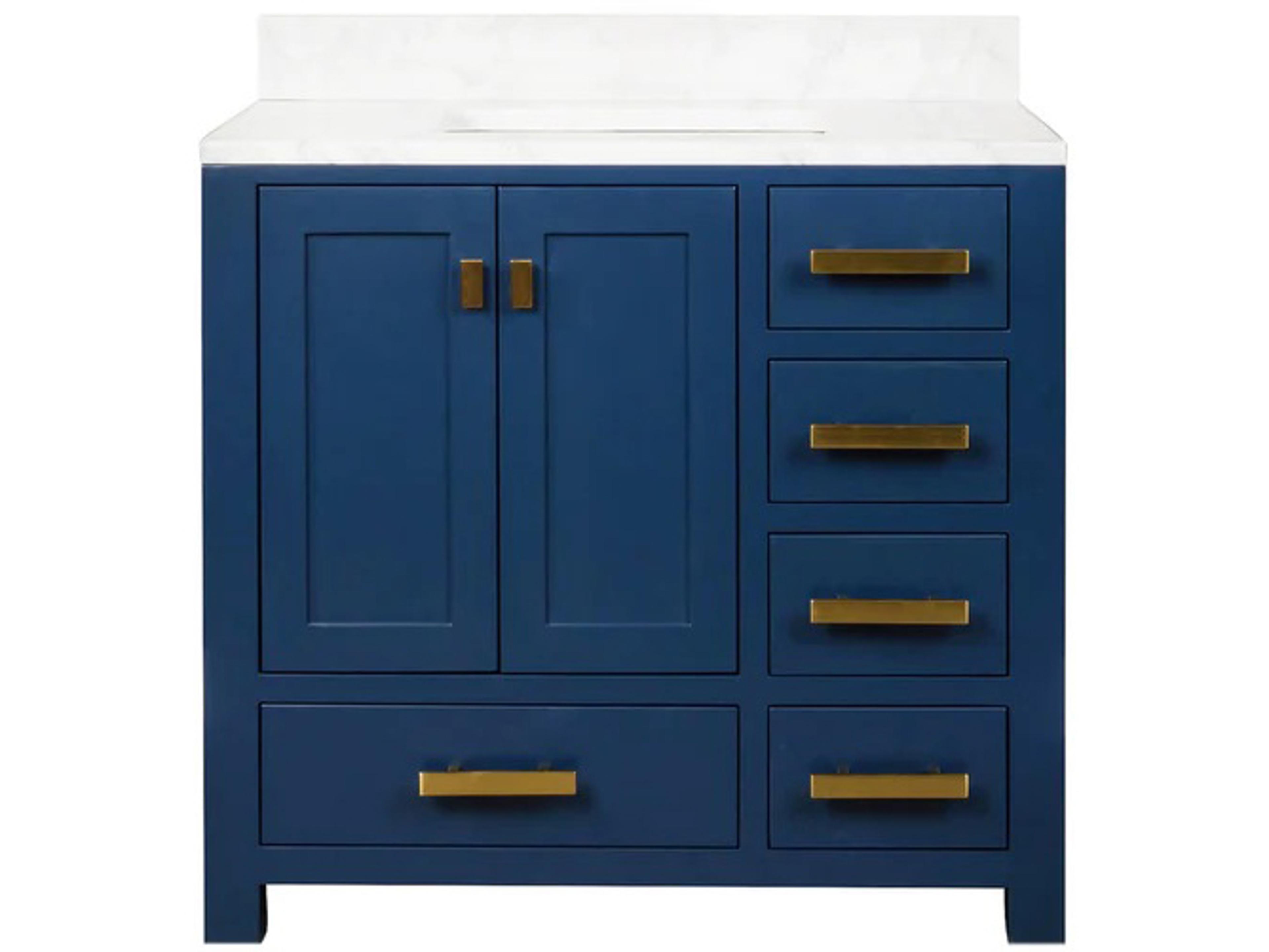 Madison Single Sink Carrara White Marble Countertop Bath Vanity In Monarch Blue with Satin Gold Hardware