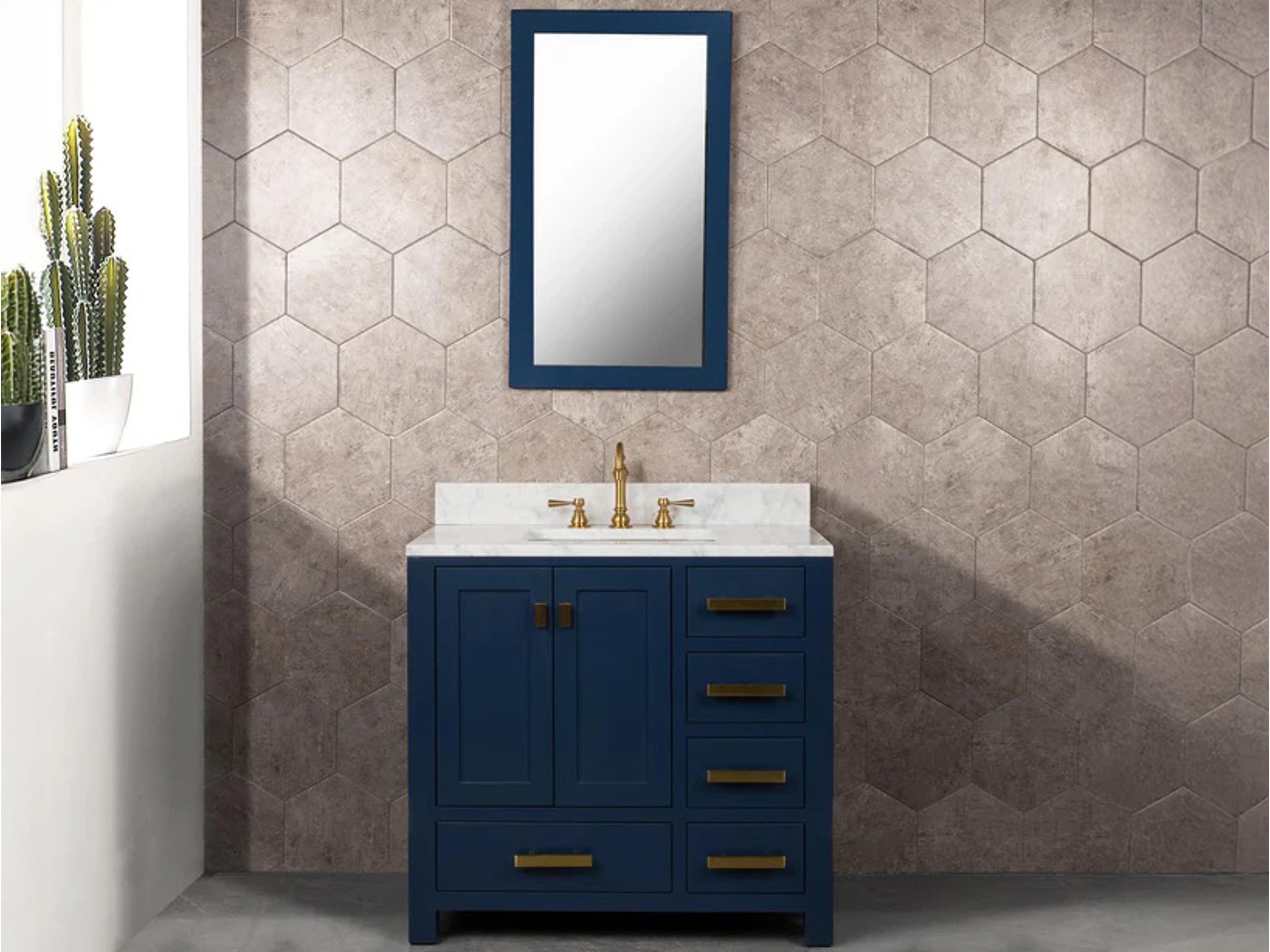 Water Creation Madison Single Sink Carrara White Marble Countertop Bath Vanity In Monarch Blue with Satin Gold Hardware