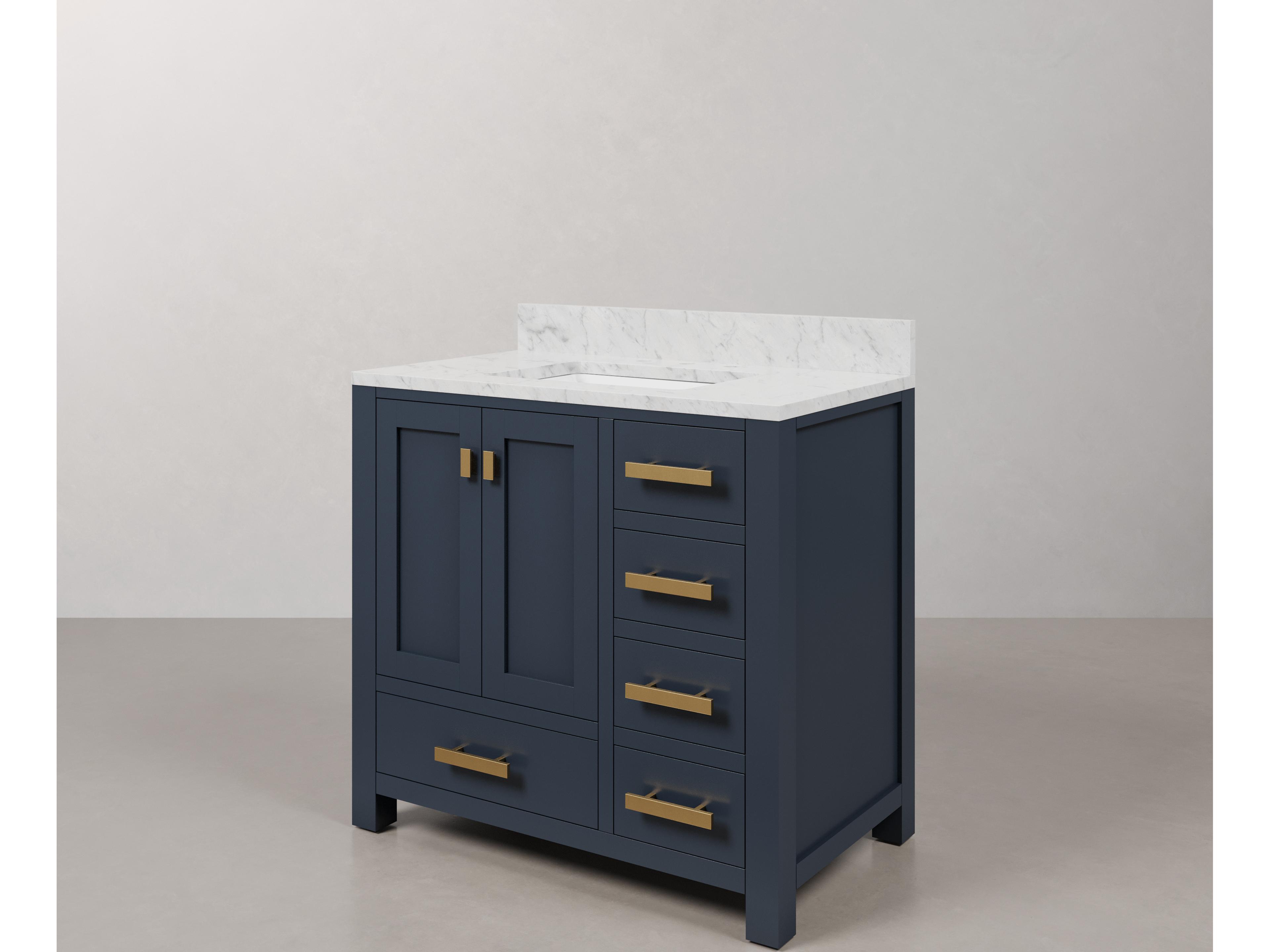 Water Creation Madison Single Sink Carrara White Marble Countertop Bath Vanity In Monarch Blue with Satin Gold Hardware