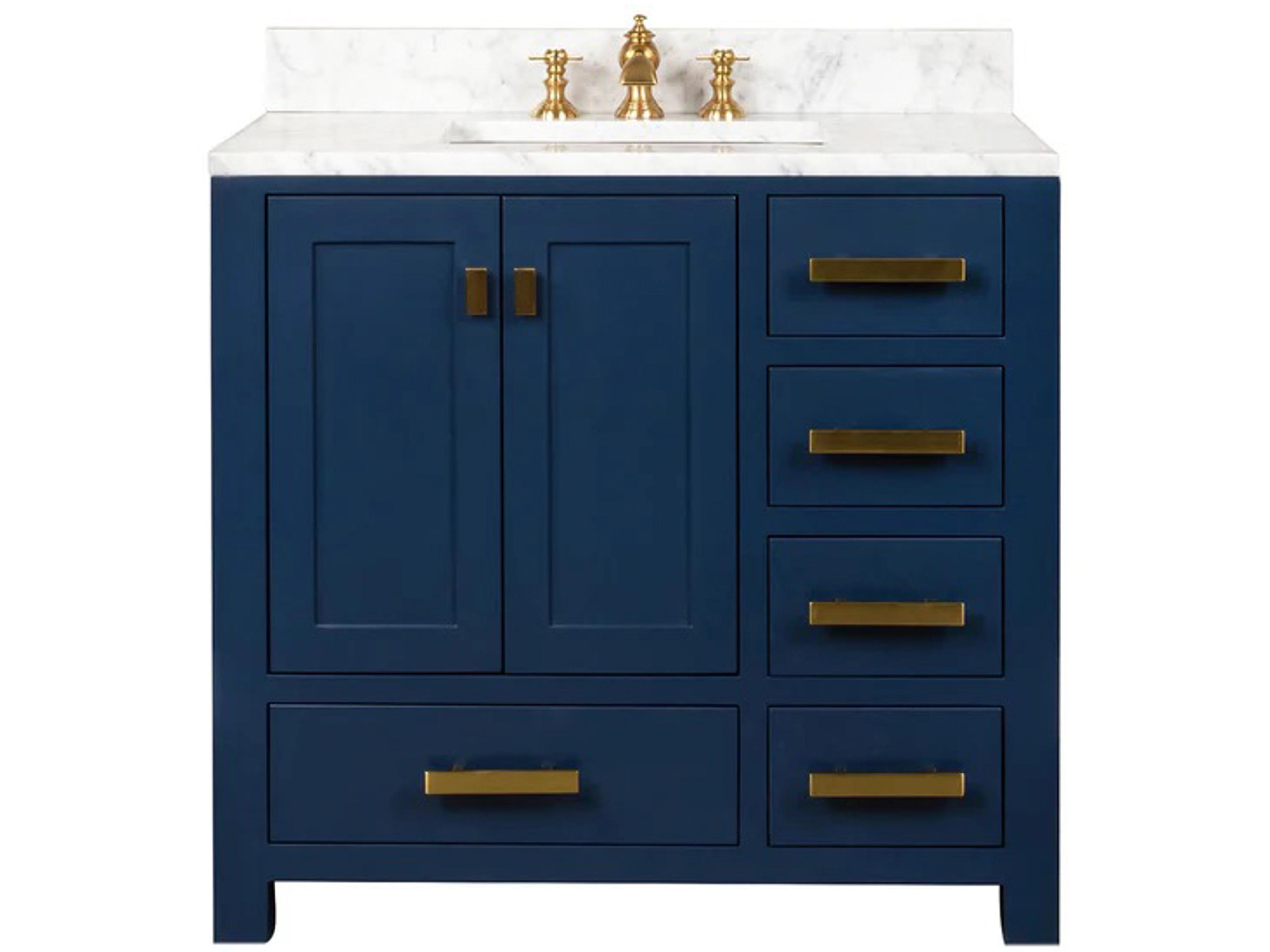 Madison Single Sink Carrara White Marble Countertop Bath Vanity In Monarch Blue with Satin Gold Hardware and Waterfall Faucet