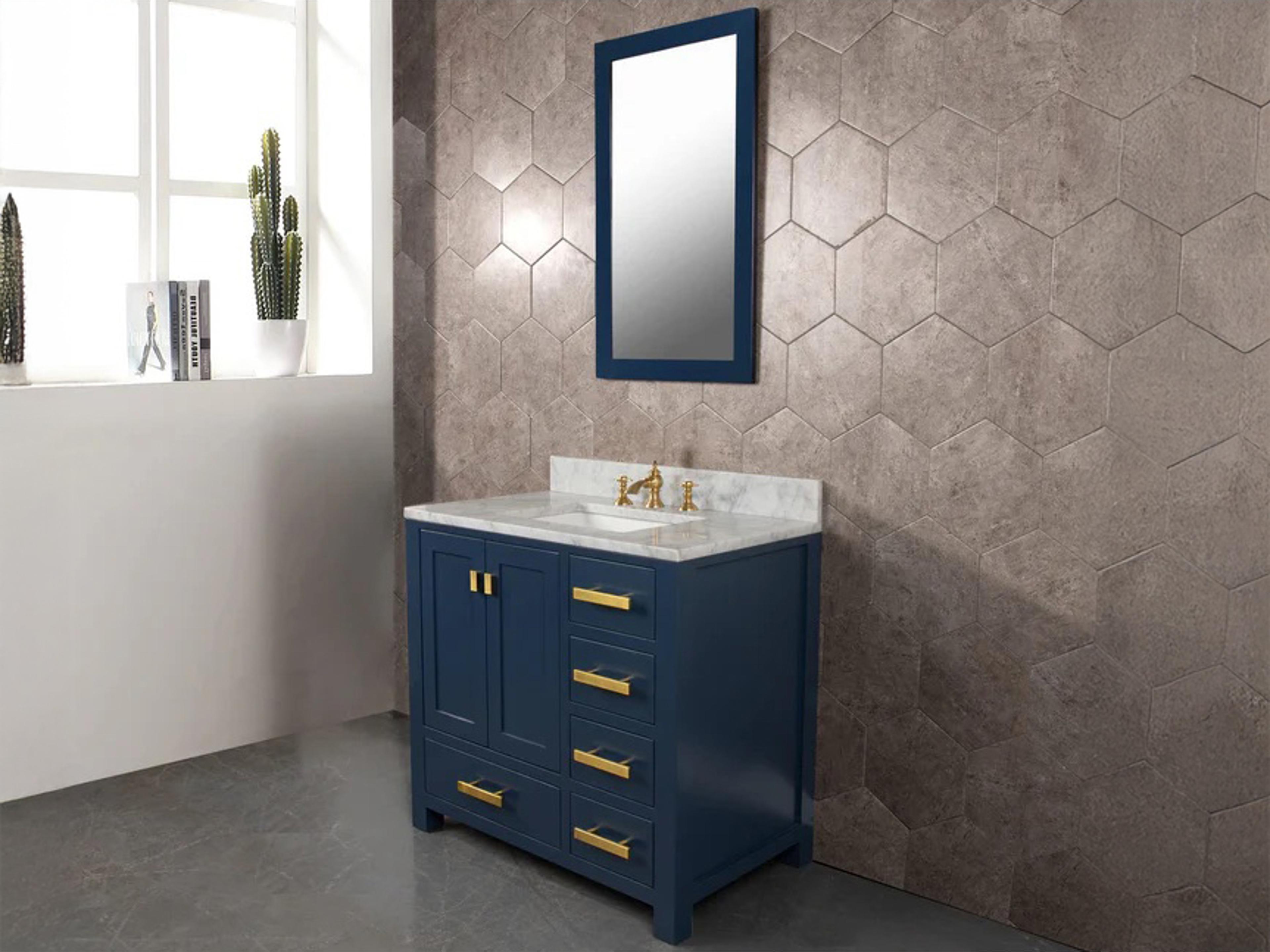 Water Creation Madison Single Sink Carrara White Marble Countertop Bath Vanity In Monarch Blue with Satin Gold Hardware and Waterfall Faucet