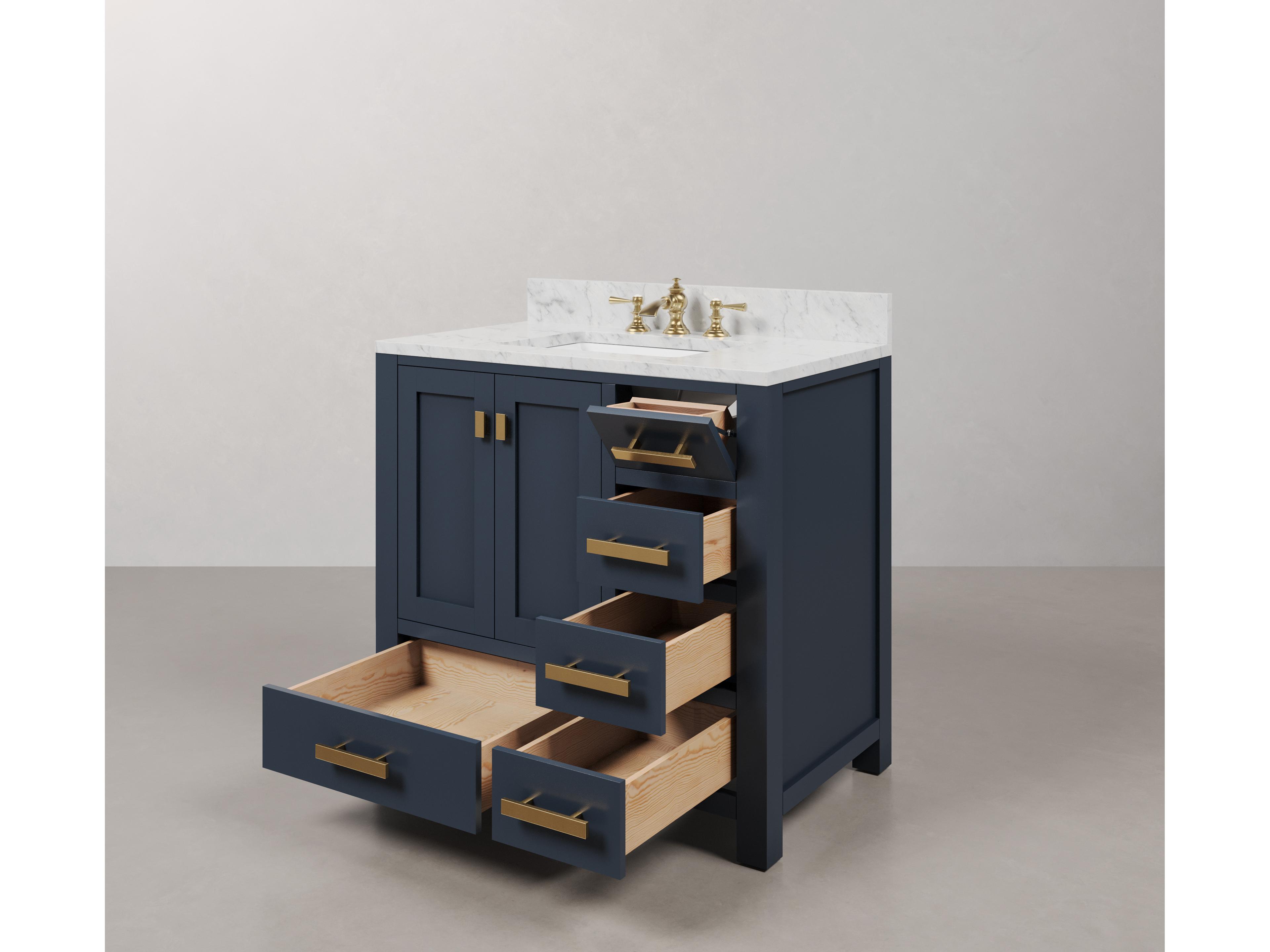 Water Creation Madison Single Sink Carrara White Marble Countertop Bath Vanity In Monarch Blue with Satin Gold Hardware and Waterfall Faucet
