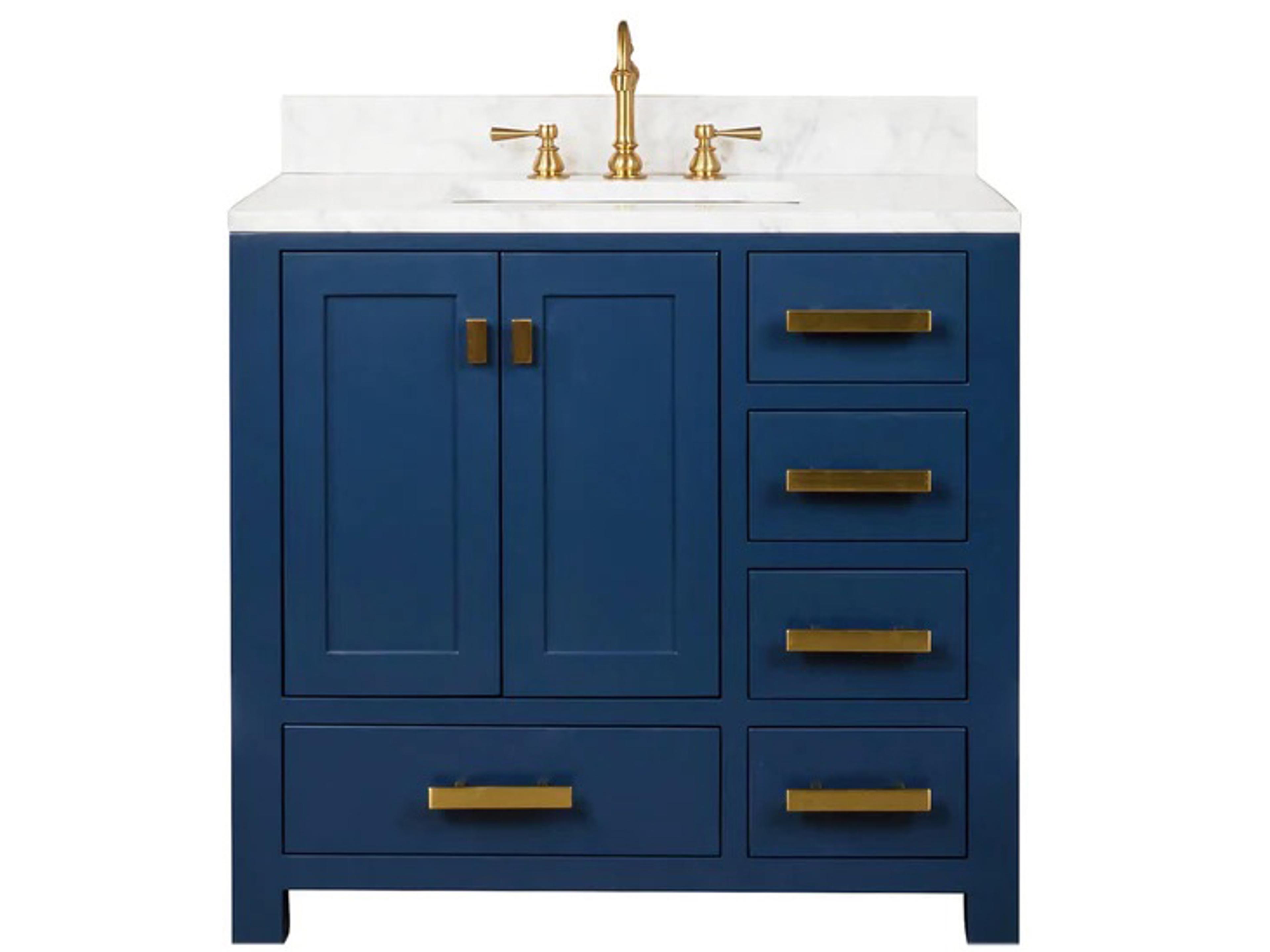Madison Single Sink Carrara White Marble Countertop Bath Vanity In Monarch Blue with Satin Gold Hardware and Hook Faucet