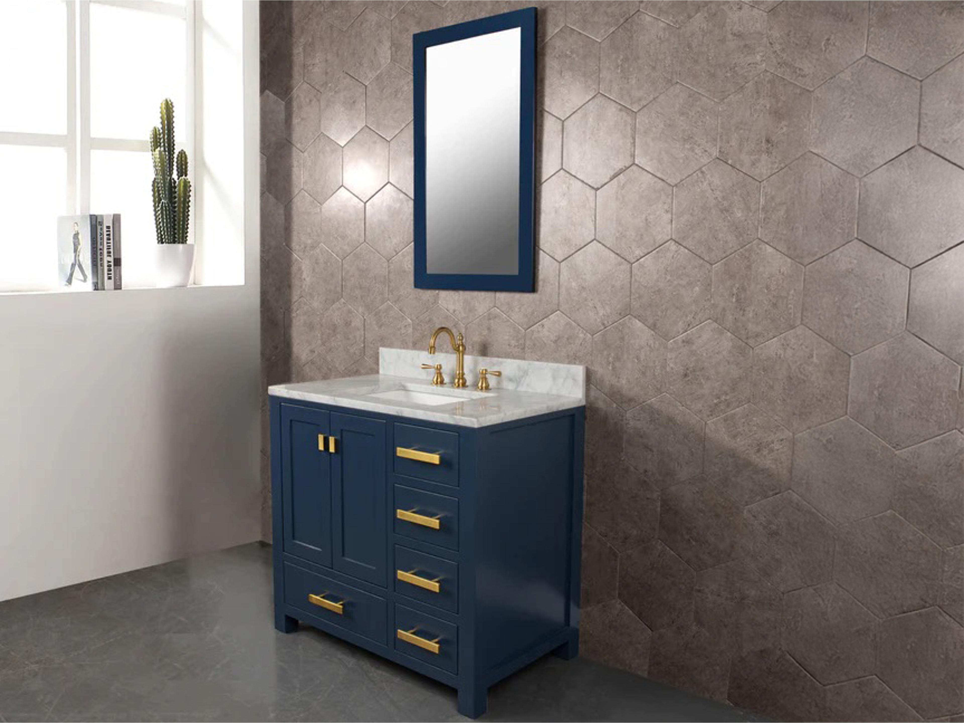 Water Creation Madison Single Sink Carrara White Marble Countertop Bath Vanity In Monarch Blue with Satin Gold Hardware and Hook Faucet